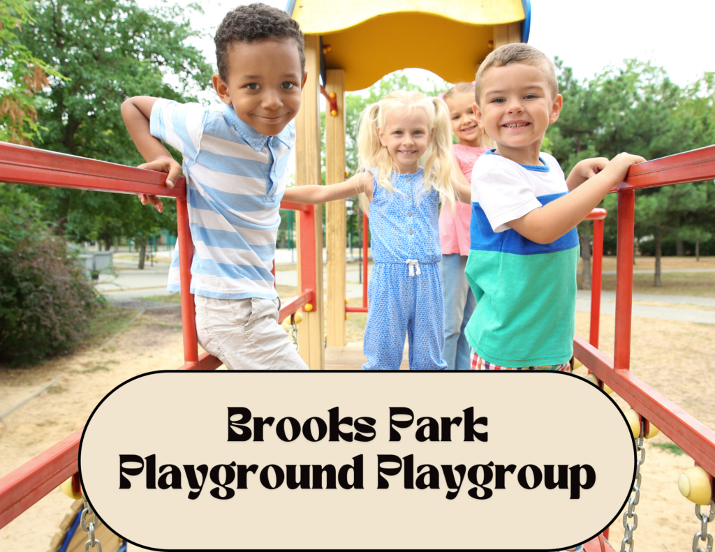 Flyer for Brooks Park Playgroup with Emily, featuring fun playground activities at Brooks Park in Harwich.