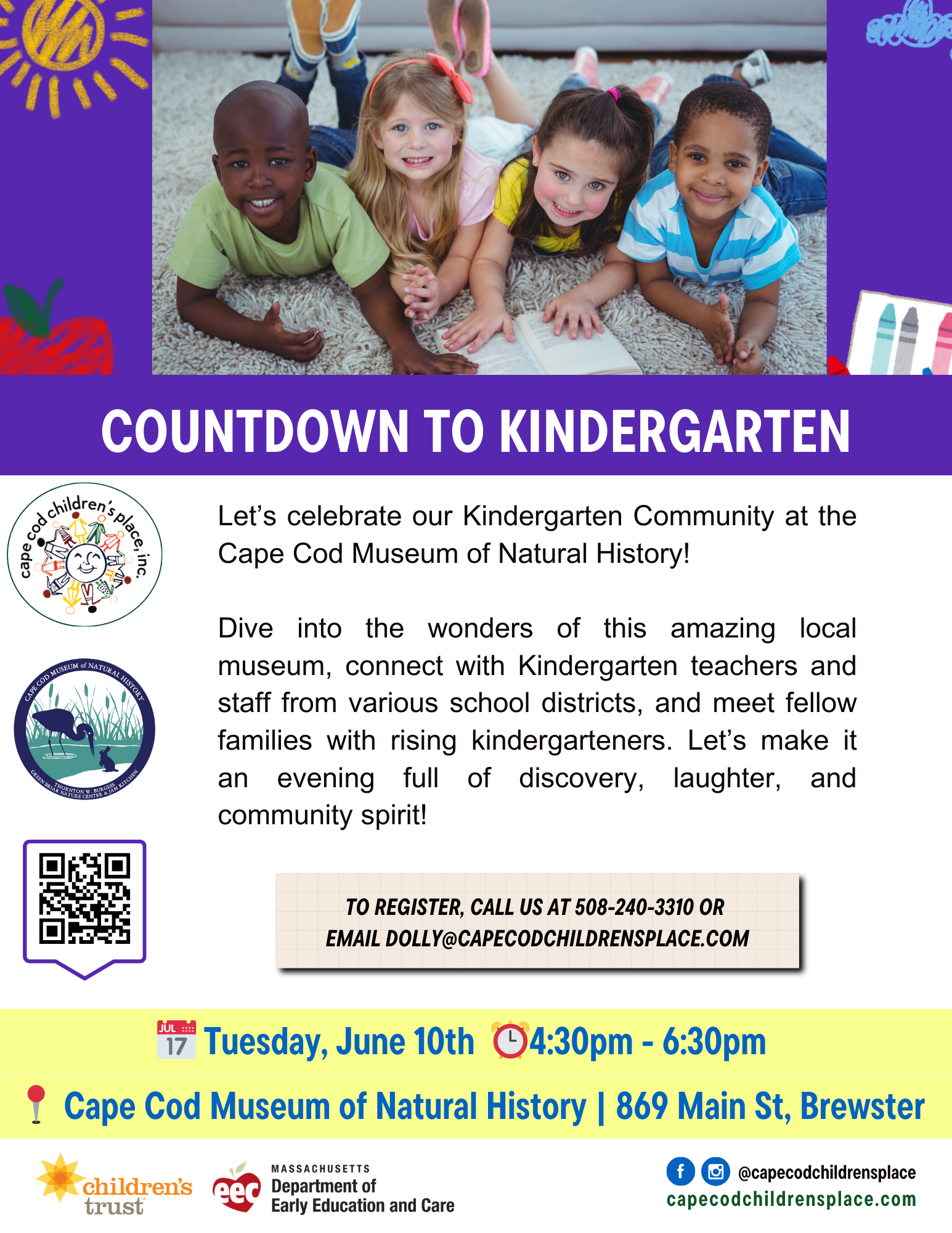 Flyer for the Kindergarten Community Night at the Cape Cod Museum of Natural History, featuring families exploring the museum, connecting with teachers, and celebrating with a focus on discovery and community spirit.
