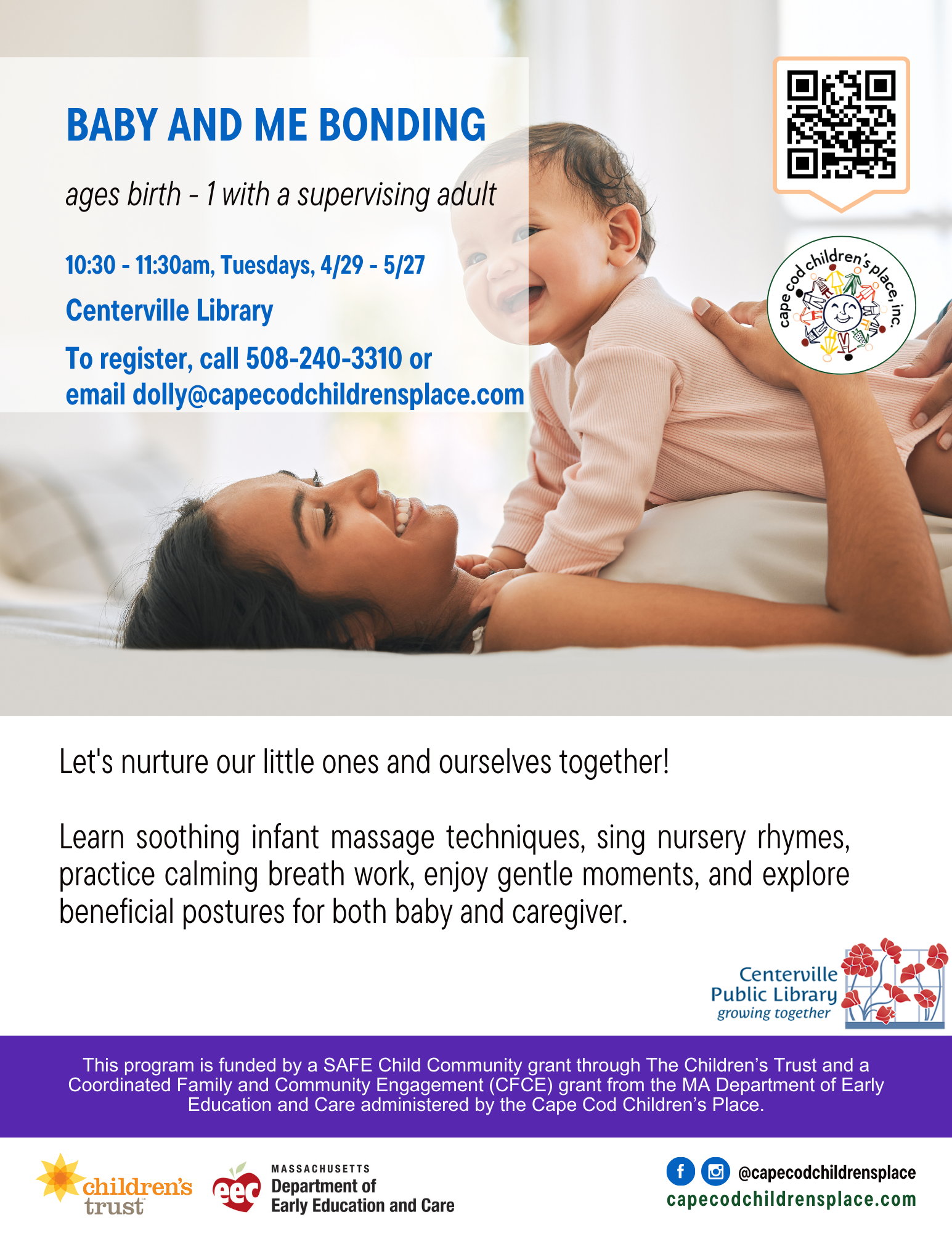 Flyer for Baby and Me Bonding event, featuring infant massage techniques, nursery rhymes, calming breath work, and beneficial postures for both baby and caregiver.