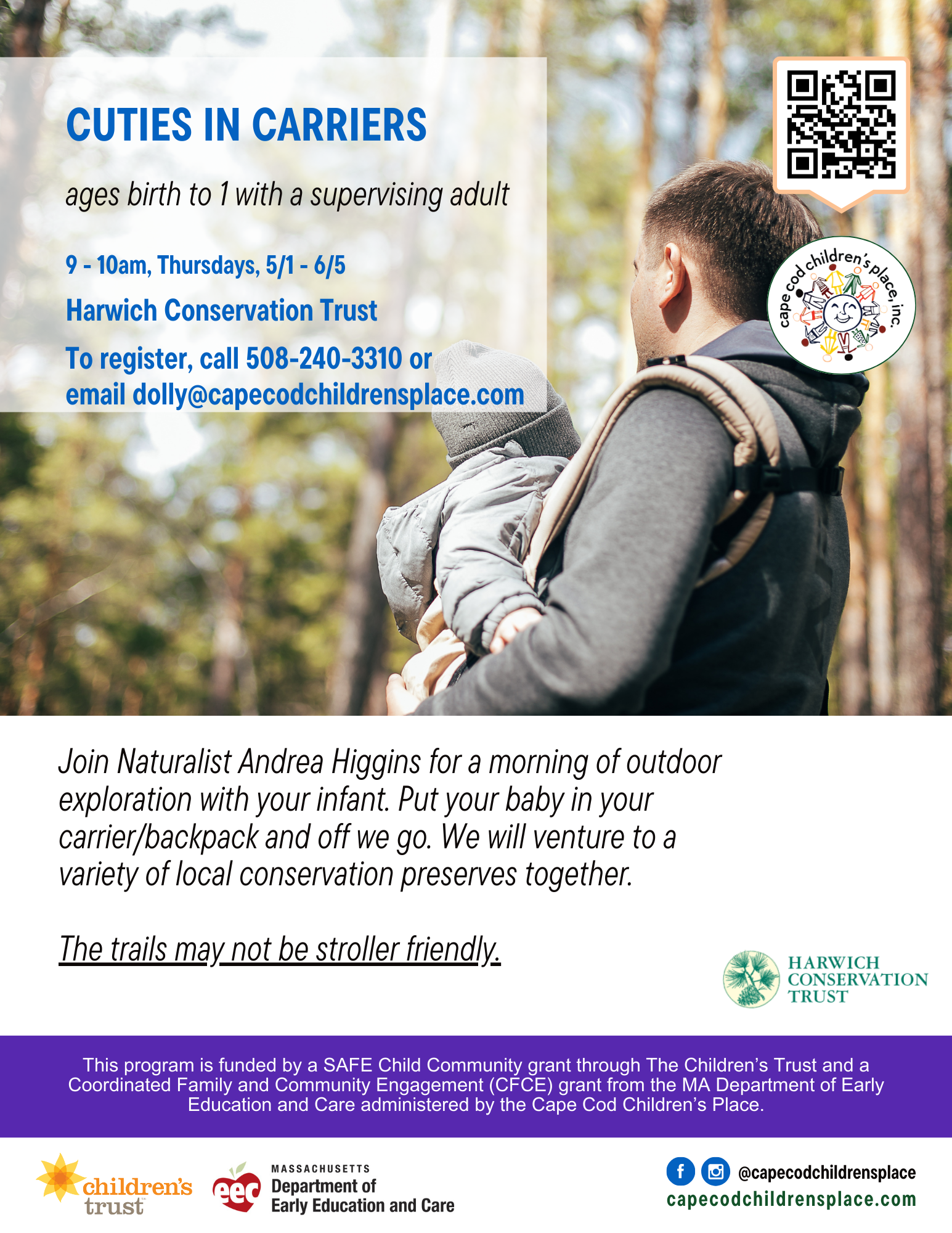 Flyer for parent with infant in a carrier exploring a scenic conservation preserve with Naturalist Andrea Higgins.