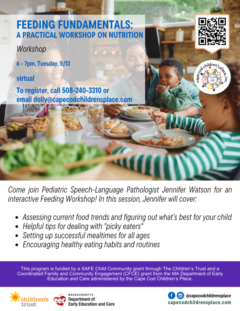 Flyer for Feeding Fundamentals: A Practical Workshop on Nutrition, featuring tips from Pediatric Speech-Language Pathologist Jennifer Watson on nutrition, picky eating, and mealtime success.