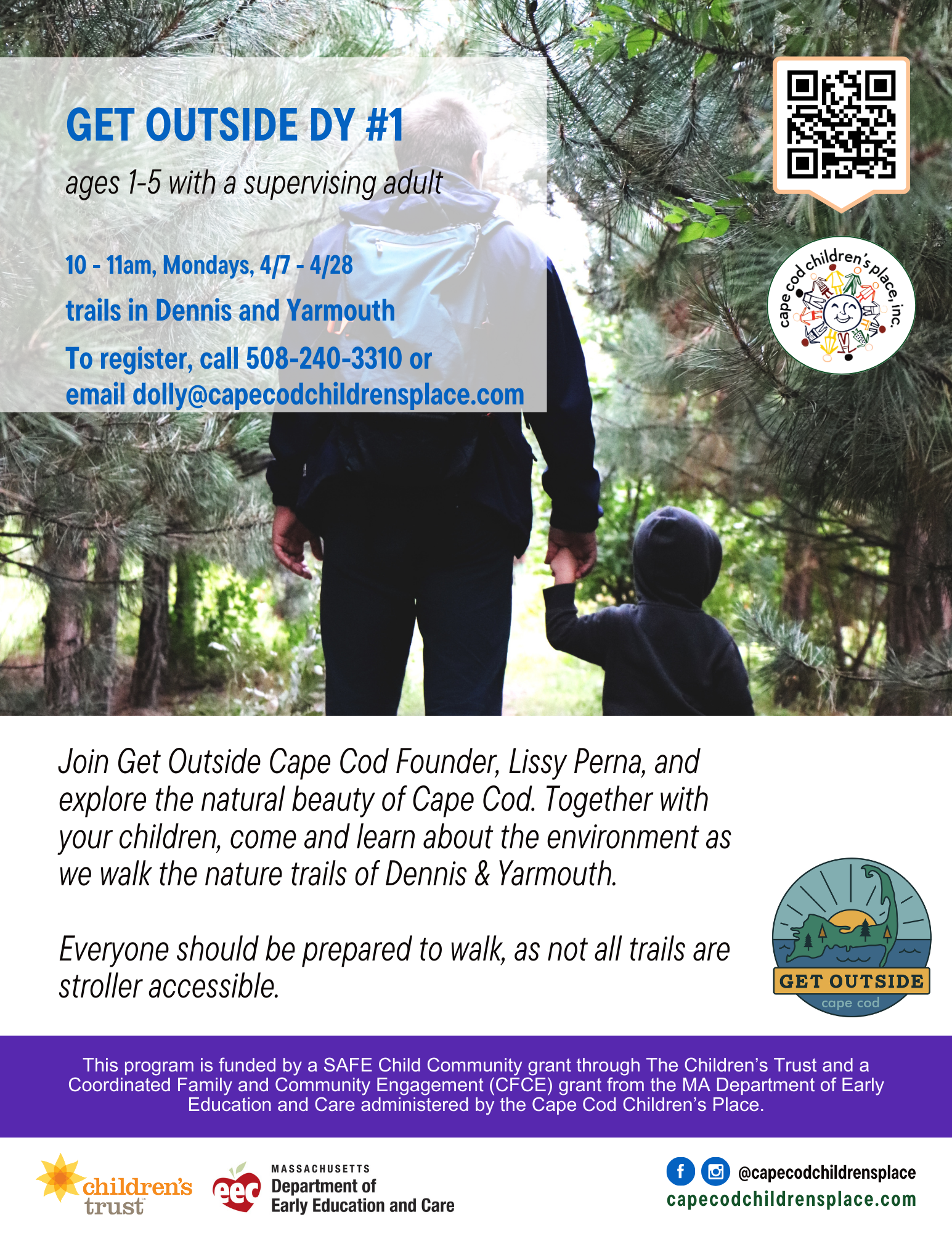 Flyer for Get Outside Cape Cod event with Lissy Perna in April, exploring the natural beauty of Cape Cod on nature trails of Dennis & Yarmouth. Not all trails are stroller accessible.