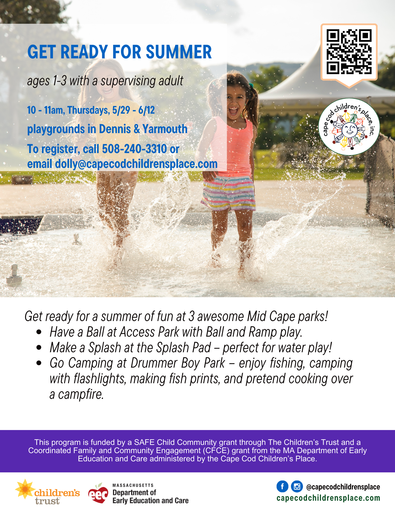 Flyer for a summer event featuring activities at 3 Mid Cape parks: ball and ramp play at Access Park, water play at the Splash Pad, and camping, fishing, and campfire fun at Drummer Boy Park.
