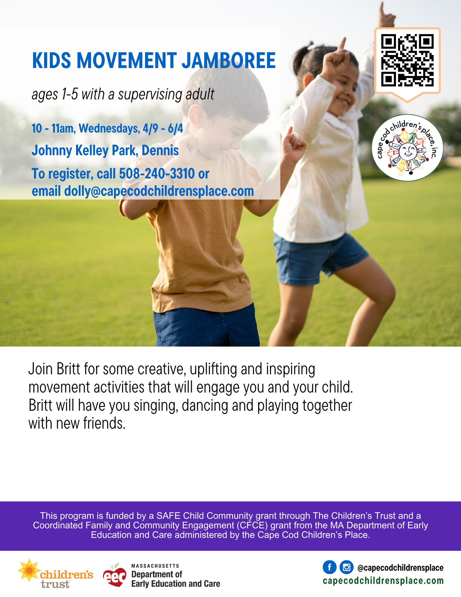 Flyer for Kids Movement Jamboree with Britt, featuring creative, uplifting, and inspiring movement activities that engage children and parents through singing, dancing, and playing together with new friends.