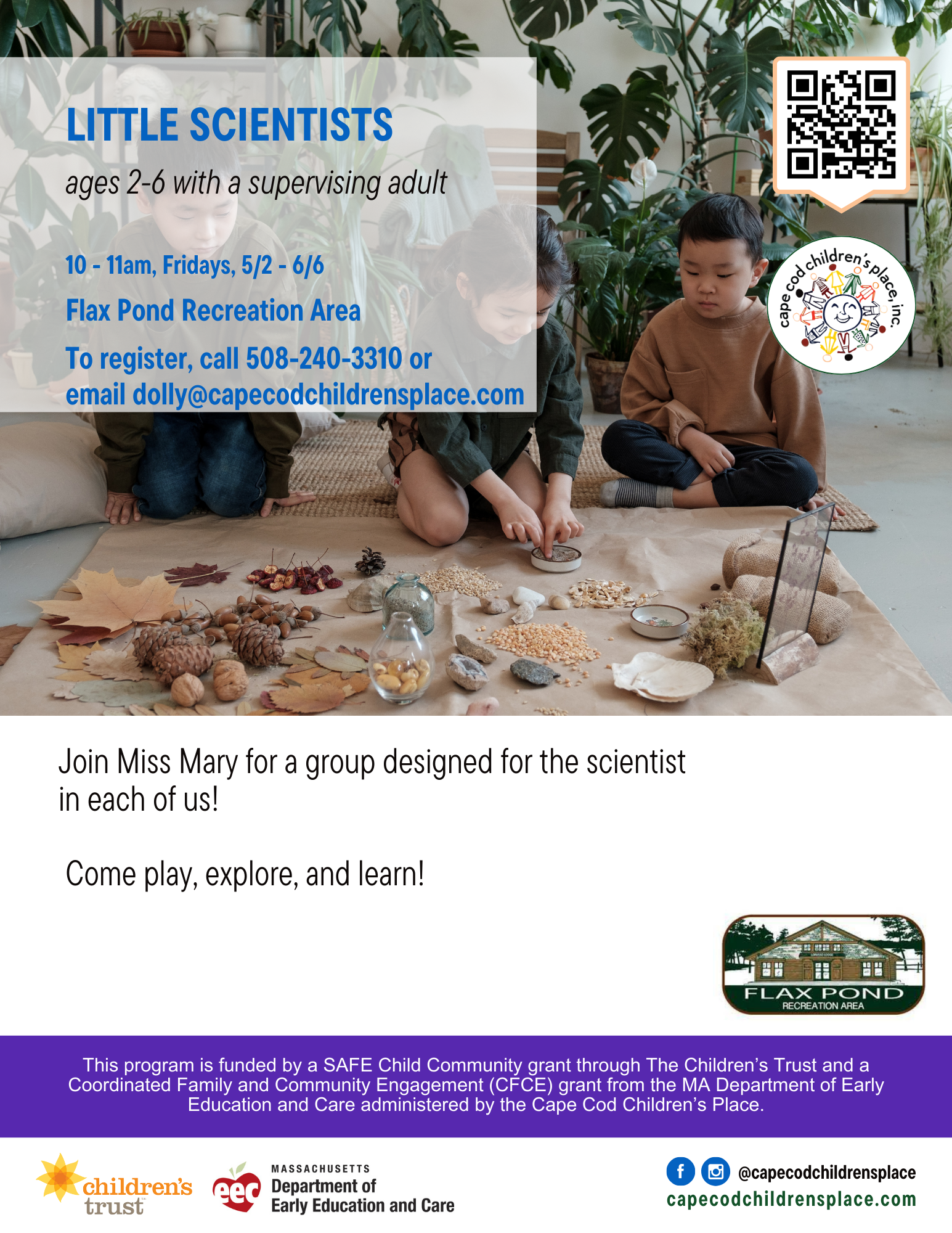 Flyer for Little Scientists, featuring a group activity with Miss Mary that encourages play, exploration, and hands-on learning.