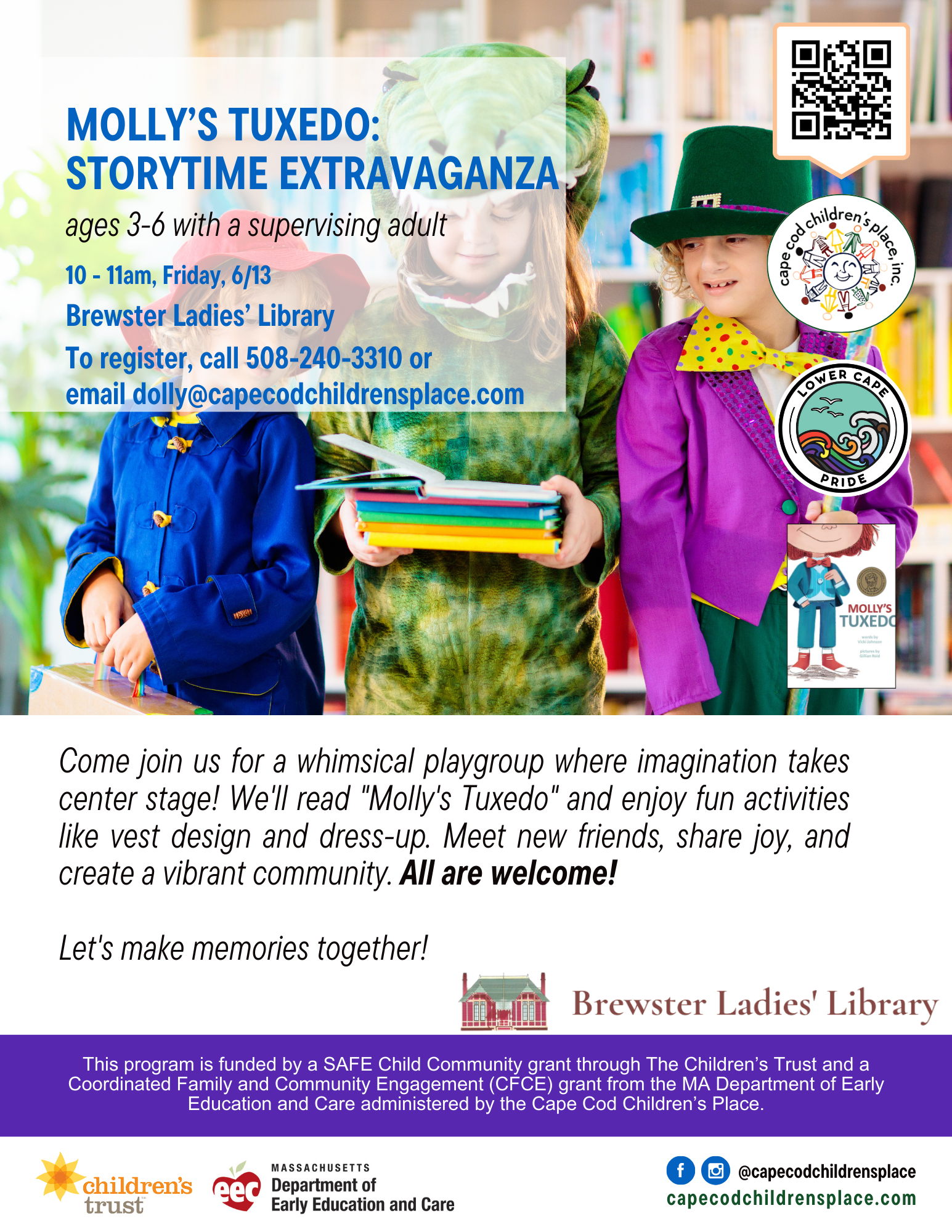 Flyer for Molly's Tuxedo Storytime Extravaganza, featuring a reading of "Molly's Tuxedo" with dress-up activities, vest design, and a playful community event.