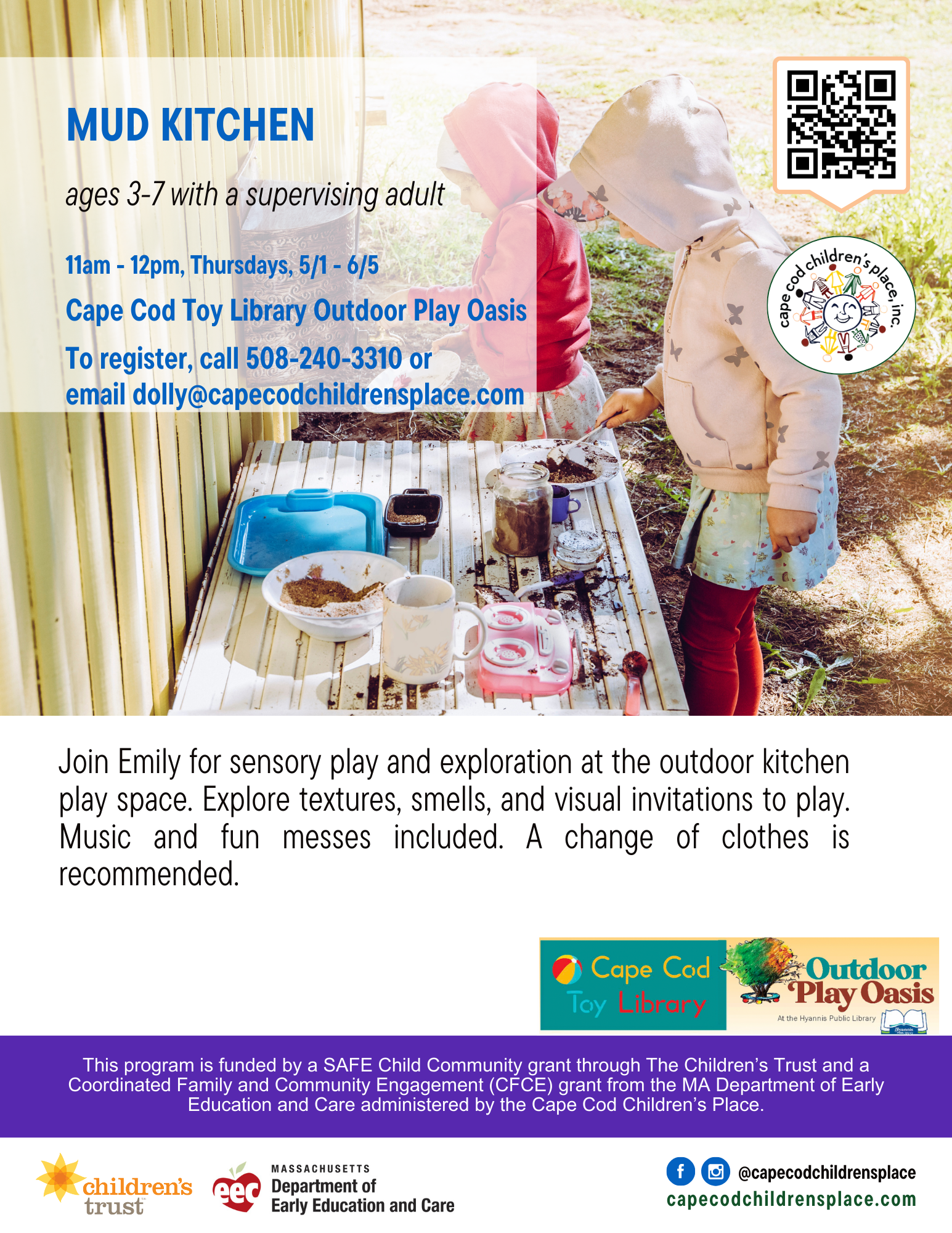 Flyer for a Mud Kitchen event featuring sensory play with textures, smells, music, and outdoor fun.