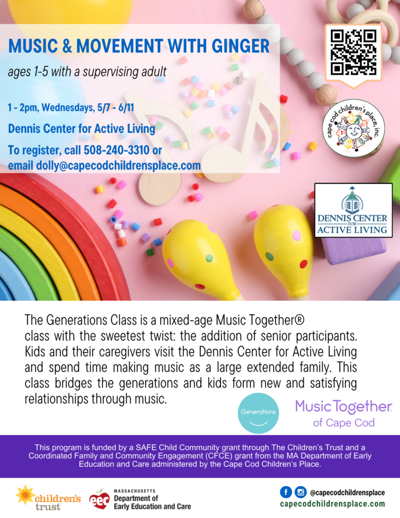 Flyer for "Music and Movement with Ginger" featuring children, caregivers, and seniors joyfully participating in a Music Together® class at the Dennis Center for Active Living, creating a vibrant and inclusive musical experience.