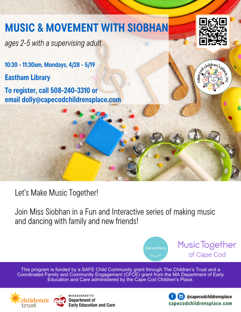Flyer for Music and Dance series with Miss Siobhan, featuring fun and interactive sessions making music and dancing with family and new friends.