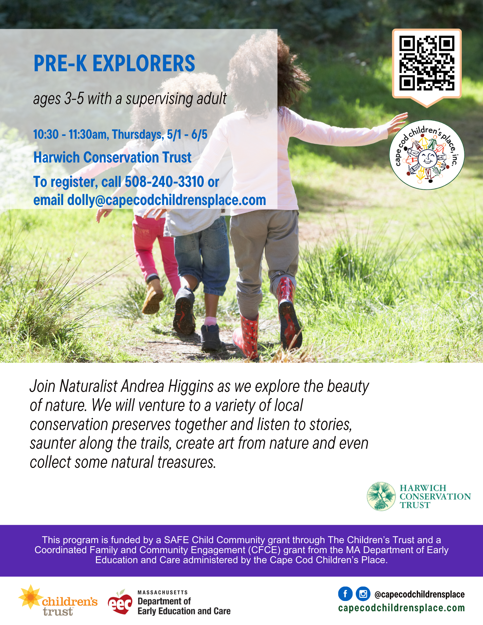 Flyer for pre-kindergarten children exploring nature with Naturalist Andrea Higgins at local conservation preserves, including storytelling, art activities, and nature treasure hunts.