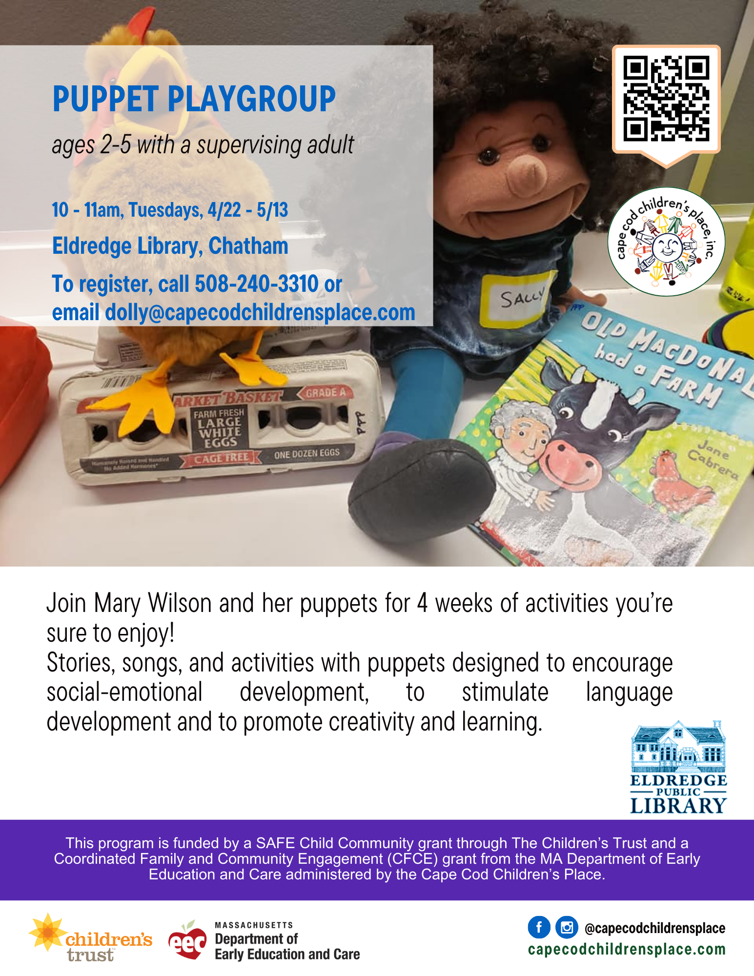 Flyer for Puppet Playgroup with Mary Wilson, featuring 4 weeks of stories, songs, and activities with puppets to encourage social-emotional development and stimulate language skills.