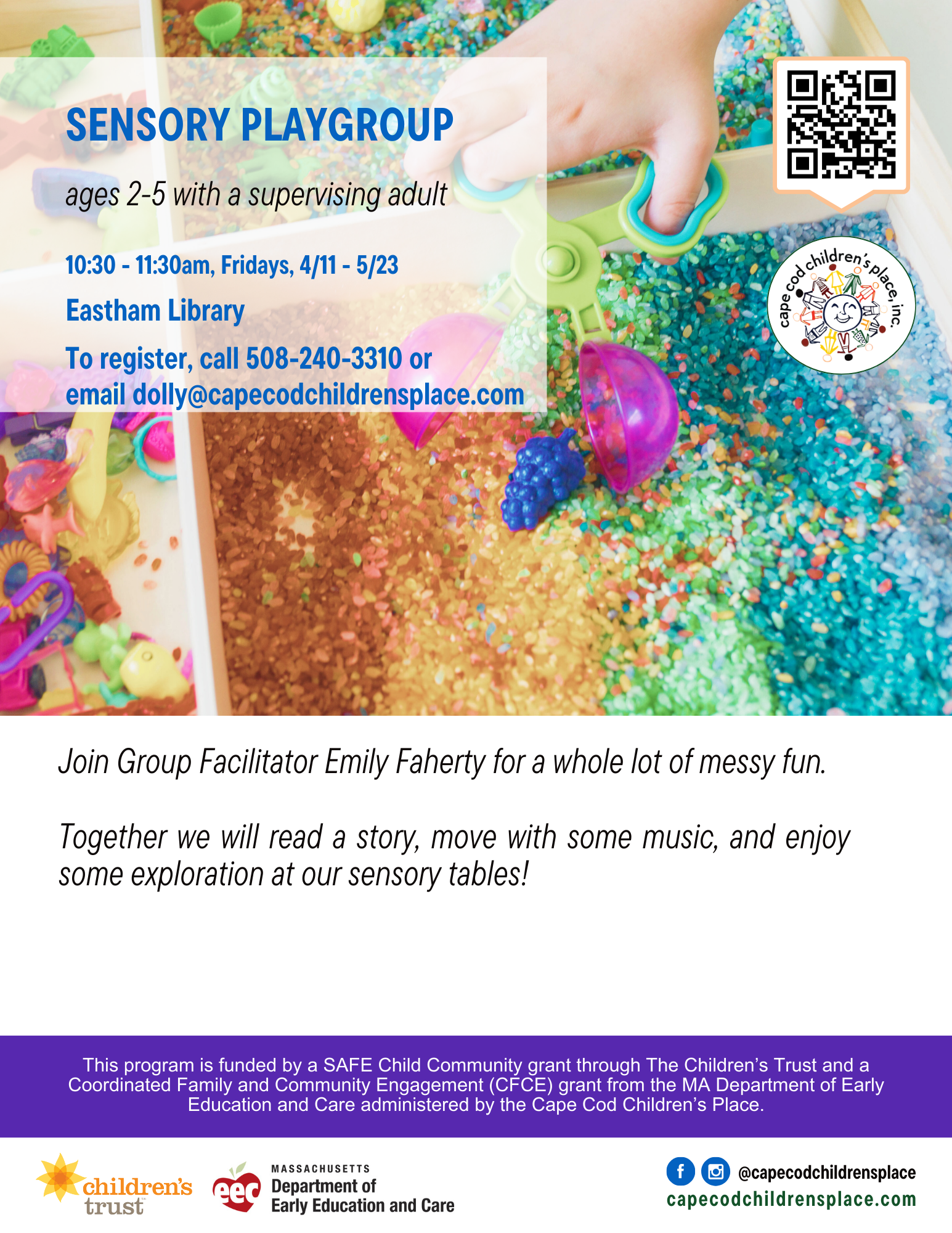 Flyer for Sensory Playgroup, featuring stories, music, and sensory table exploration with Group Facilitator Emily Faherty.