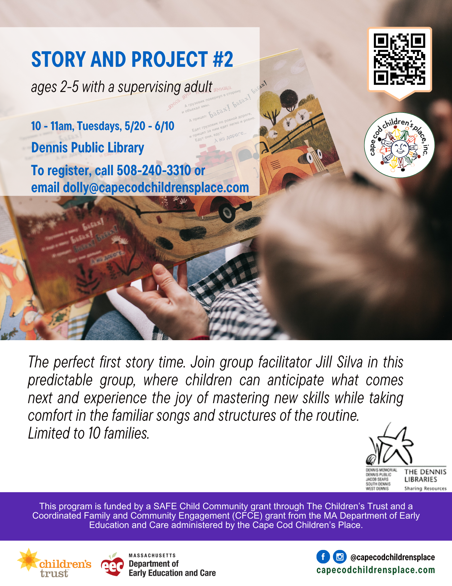 Flyer for Story and Project #2 with Jill Silva, featuring predictable group activities where children can anticipate routines, enjoy songs, and master new skills. Limited to 10 families