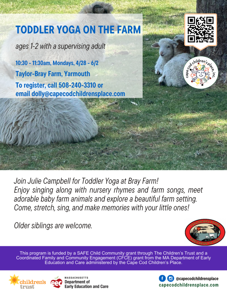Flyer for Toddler Yoga at Bray Farm with Julie Campbell, featuring yoga, nursery rhymes, baby farm animals, and activities for families. Older siblings welcome.
