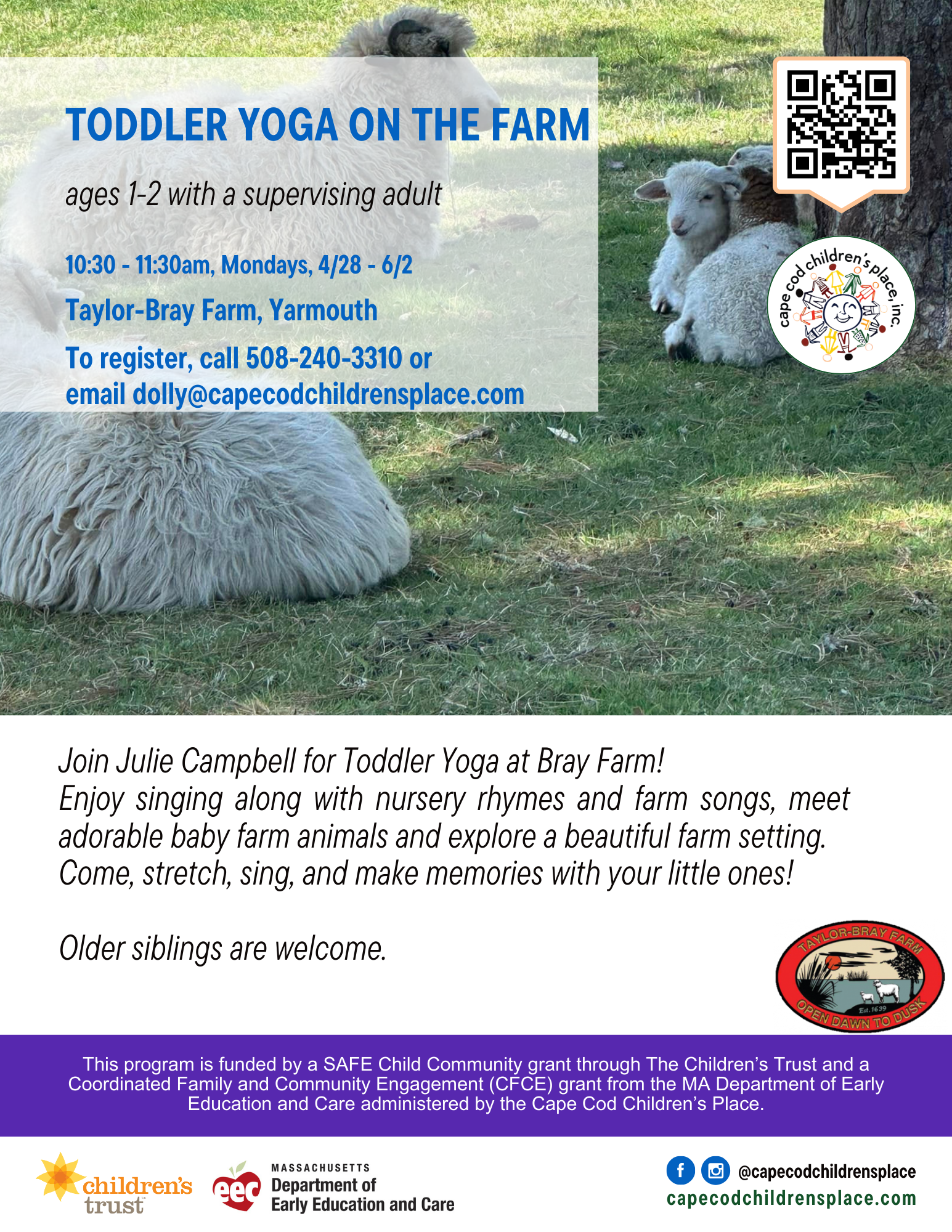 Flyer for Toddler Yoga at Bray Farm with Julie Campbell, featuring yoga, nursery rhymes, baby farm animals, and activities for families. Older siblings welcome.