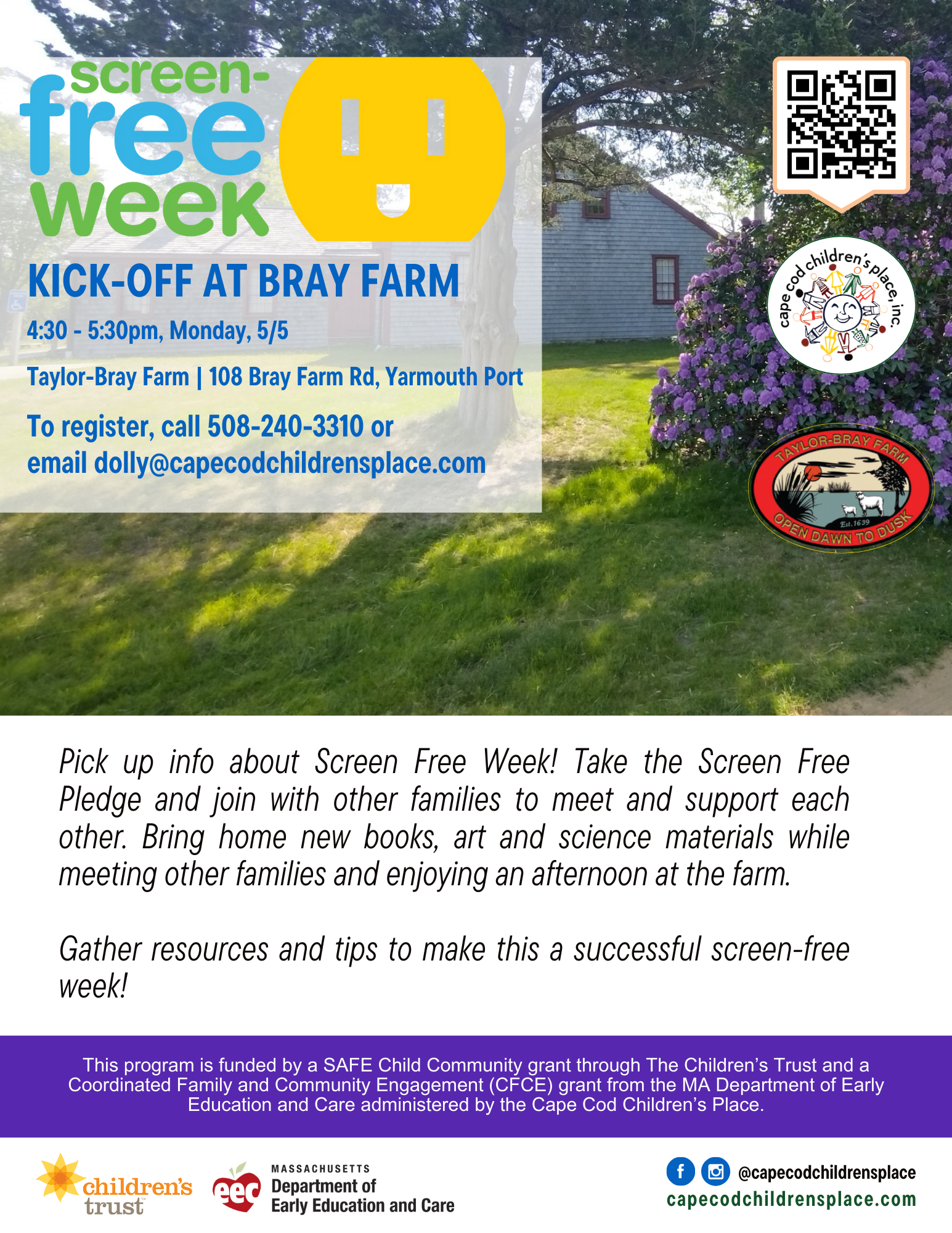 Flyer promoting Screen-Free Week, encouraging families to take the pledge and participate in community activities. Features information about meeting other families, collecting books, art, and science materials, and enjoying a farm visit. Vibrant, inviting design likely includes images of families, books, and outdoor play.
