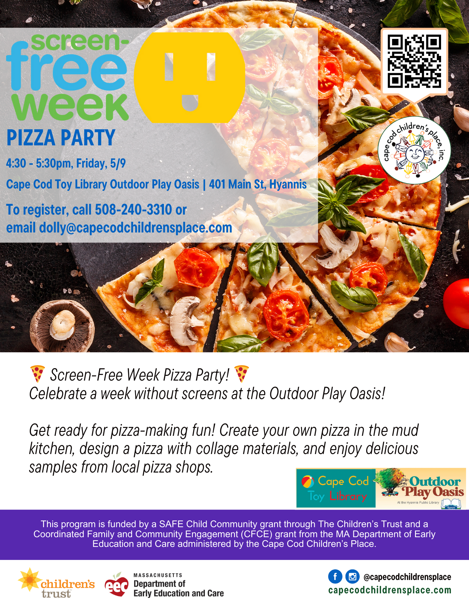 Flyer promoting the Screen-Free Week Pizza Party, featuring interactive pizza-making activities and tasty samples from local pizza shops. Encourages families to celebrate a week without screens through creative play and community fun.