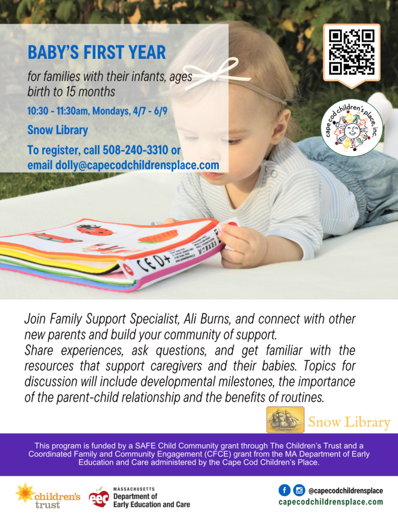 Flyer for Baby's First Year series with Family Support Specialist Ali Burns, featuring discussions on developmental milestones, parent-child relationships, and caregiver resources.