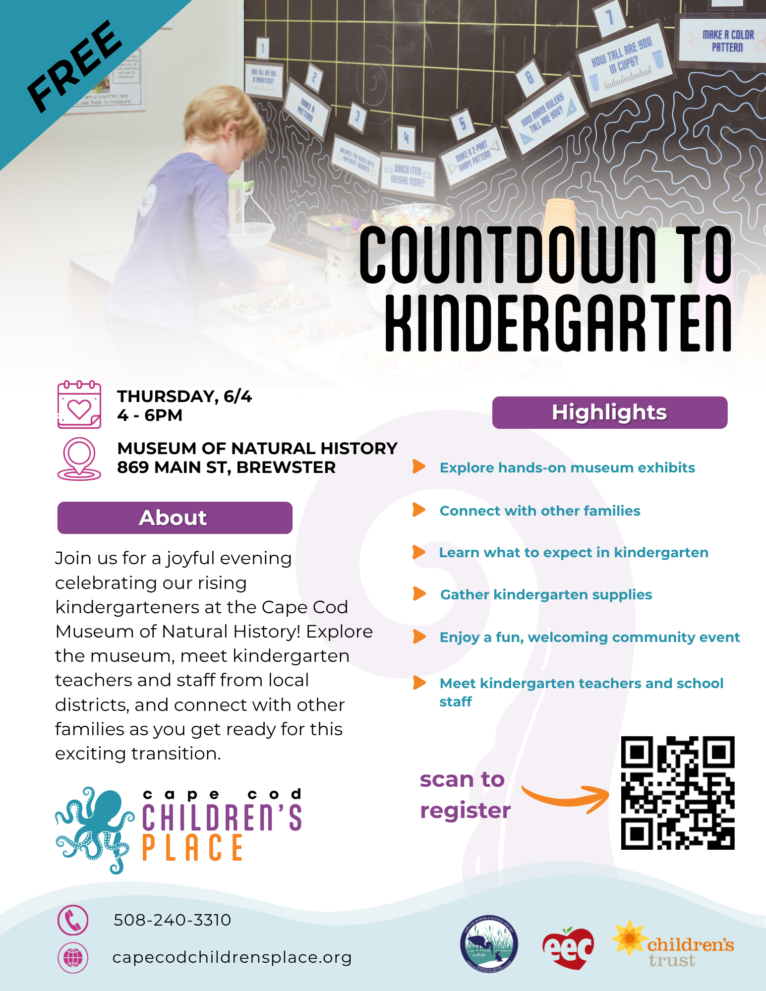Flyer for the Kindergarten Community Night at the Cape Cod Museum of Natural History, featuring families exploring the museum, connecting with teachers, and celebrating with a focus on discovery and community spirit.