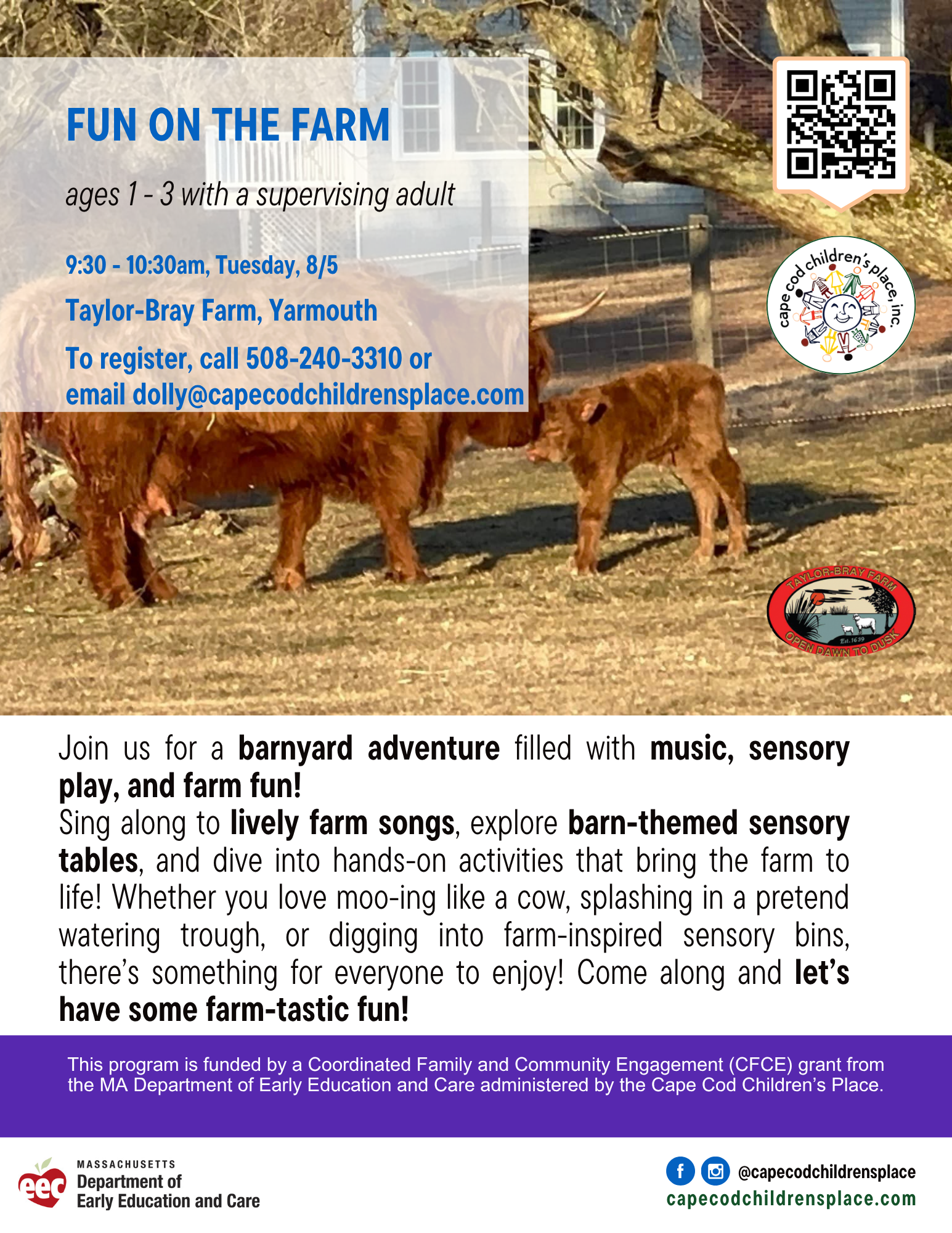 Flyer for a barnyard-themed children’s event featuring music, sensory play, and hands-on farm activities like singing, splashing, and exploring sensory bins.