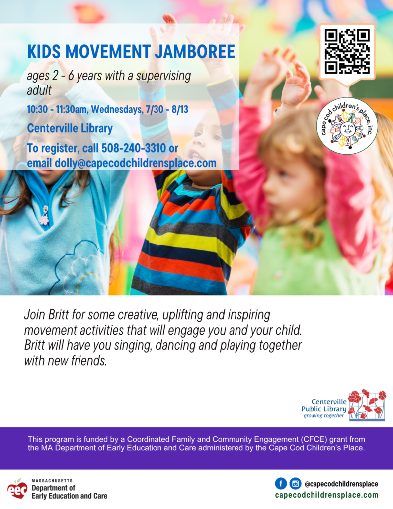 Flyer for a children’s movement session with Britt, featuring singing, dancing, and playful activities to engage kids and their caregivers.