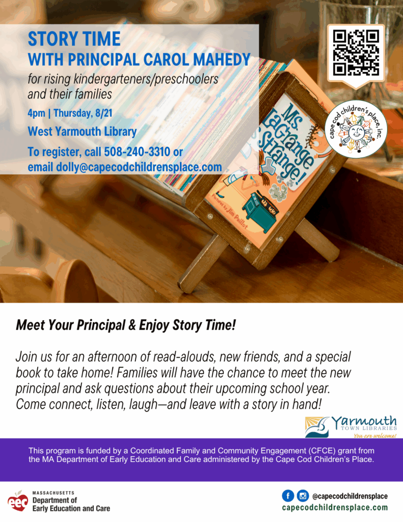 Flyer for “Meet Your Principal & Enjoy Story Time” event, featuring playful illustrations and warm details about a family-friendly read-aloud session, book giveaway, and Q&A with the principal.