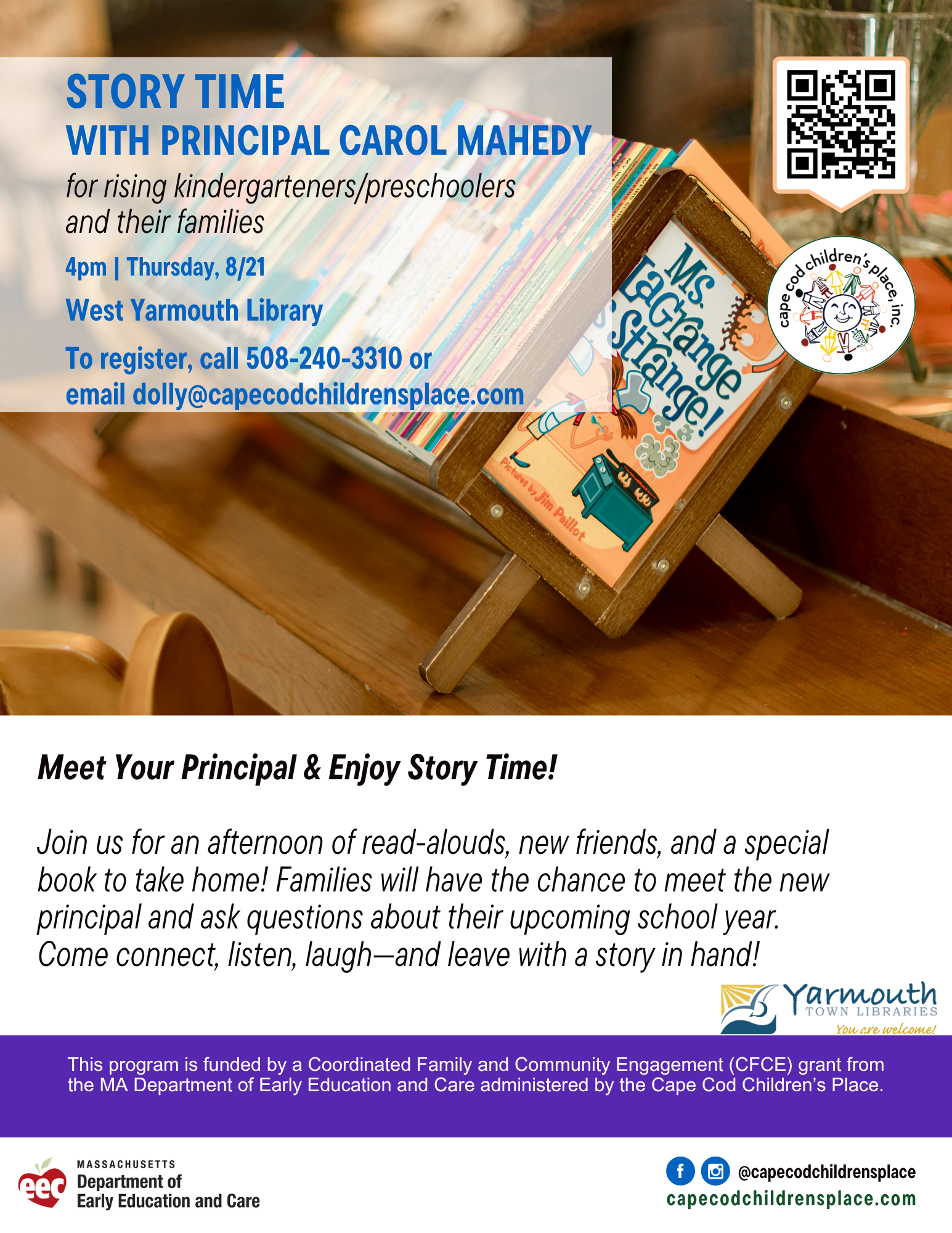 Flyer for “Meet Your Principal & Enjoy Story Time” event, featuring playful illustrations and warm details about a family-friendly read-aloud session, book giveaway, and Q&A with the principal.