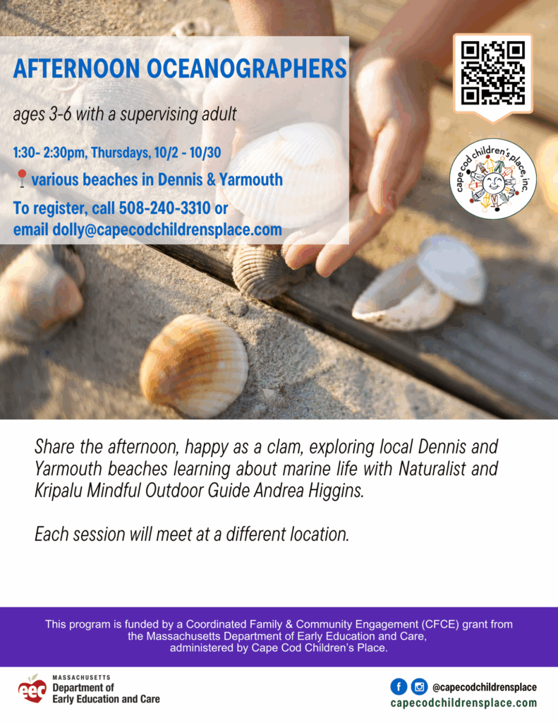 Flyer for Afternoon Oceanographers, featuring marine life exploration on Dennis and Yarmouth beaches with Naturalist Andrea Higgins.