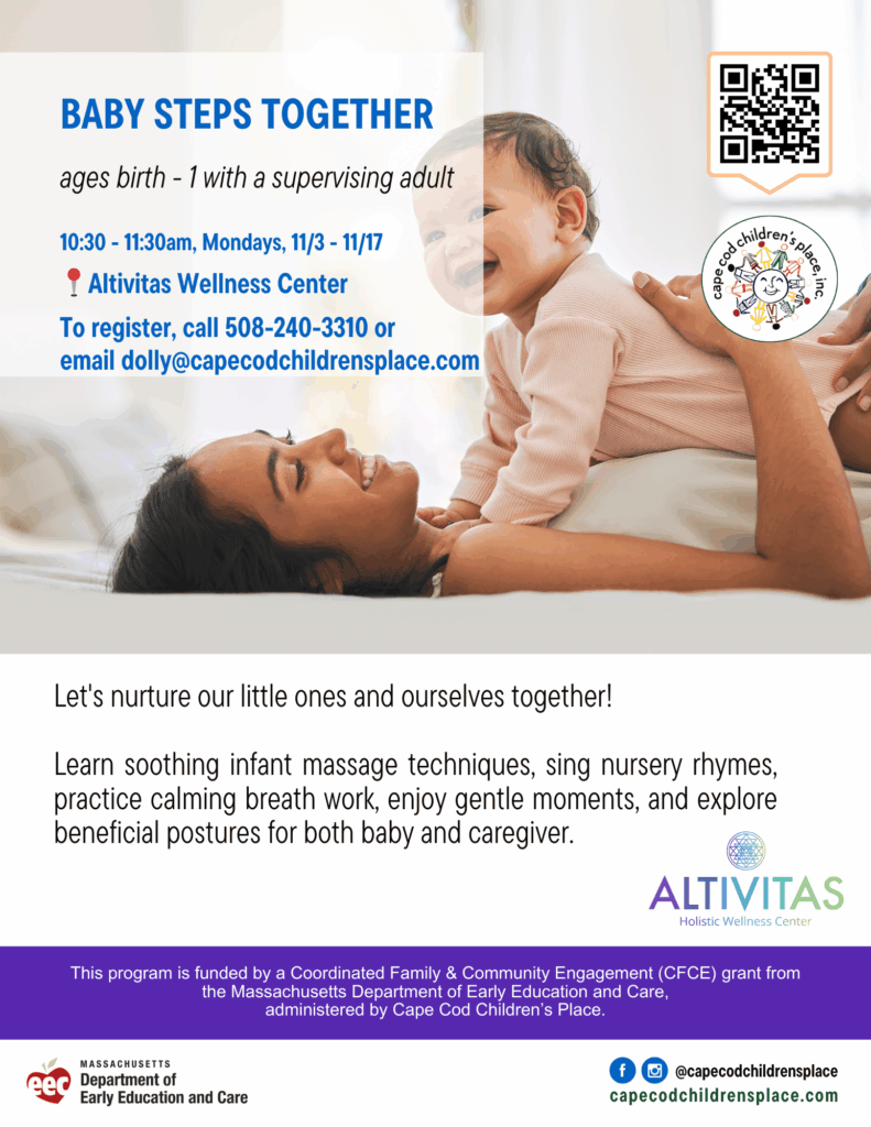 Flyer for Baby Steps Together, featuring infant massage techniques, nursery rhymes, calming breath work, and beneficial postures for both baby and caregiver.