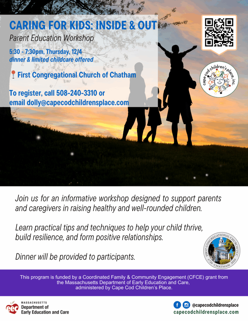 Flyer for Caring for Kids, an informative workshop offering practical parenting tips to nurture resilience and positive relationships in children.