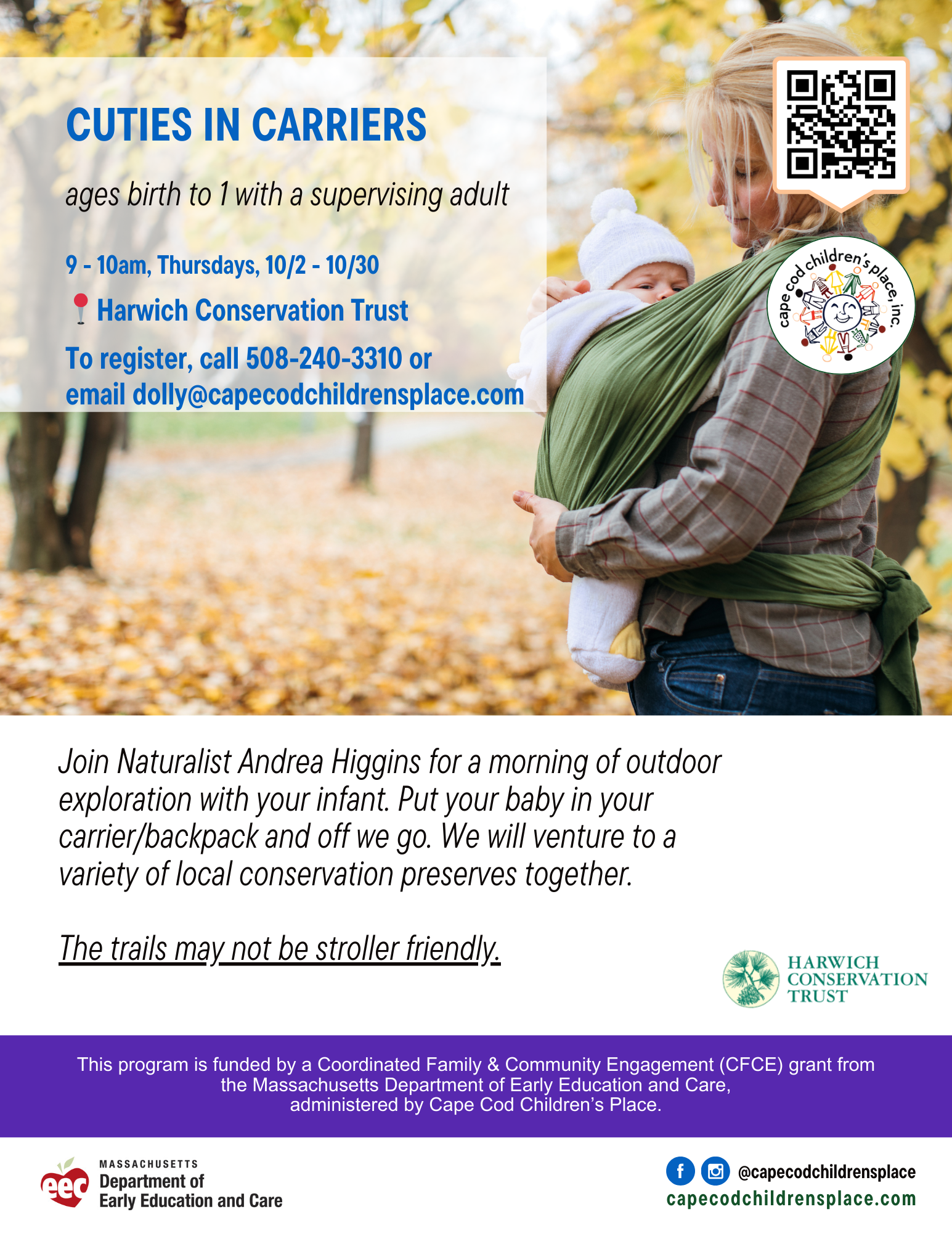 FY26 Q2 Cuties in Carriers Eng Flyer for parent with infant in a carrier exploring a scenic conservation preserve with Naturalist Andrea Higgins.