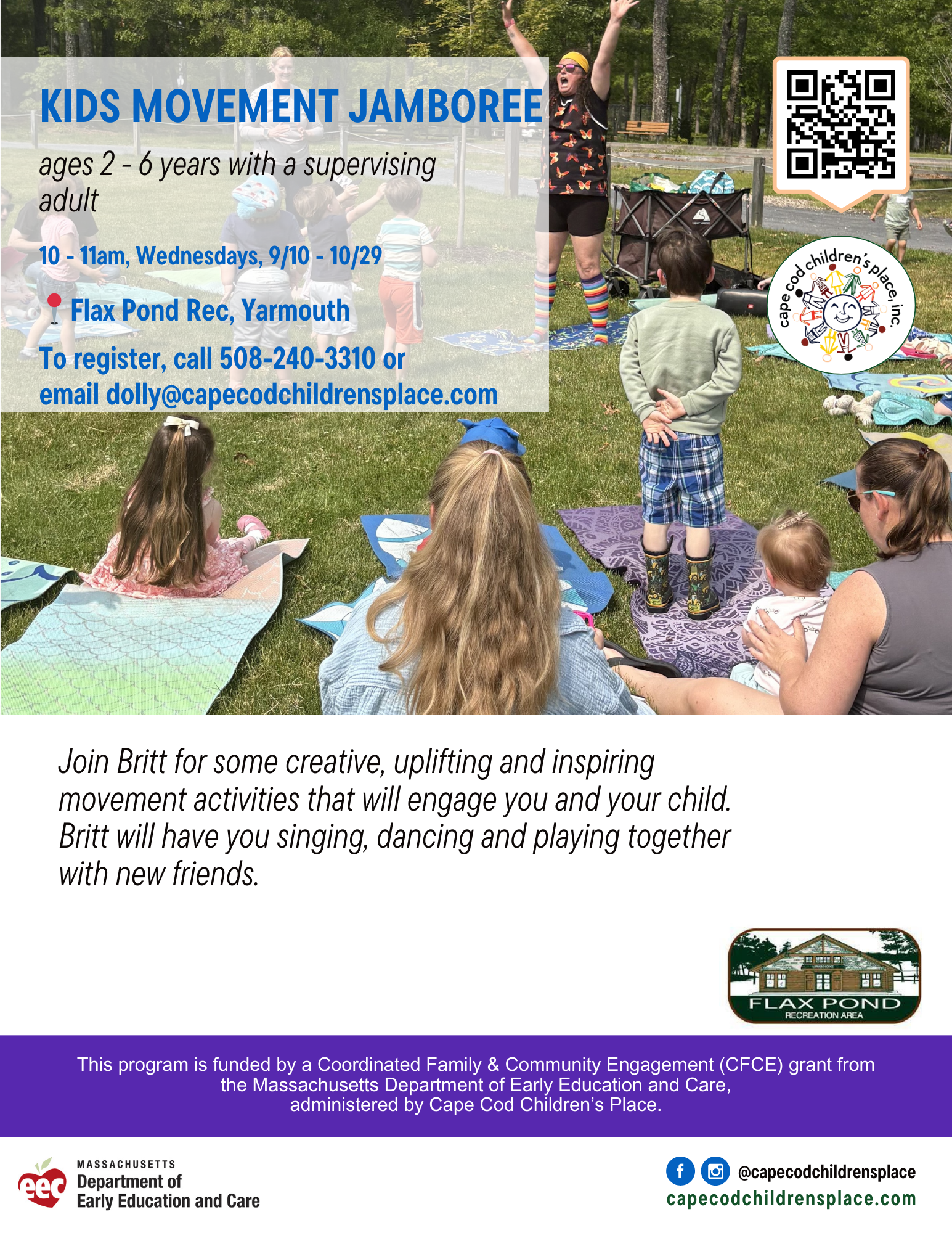 Flyer for a children’s movement session with Britt, featuring singing, dancing, and playful activities to engage kids and their caregivers.
