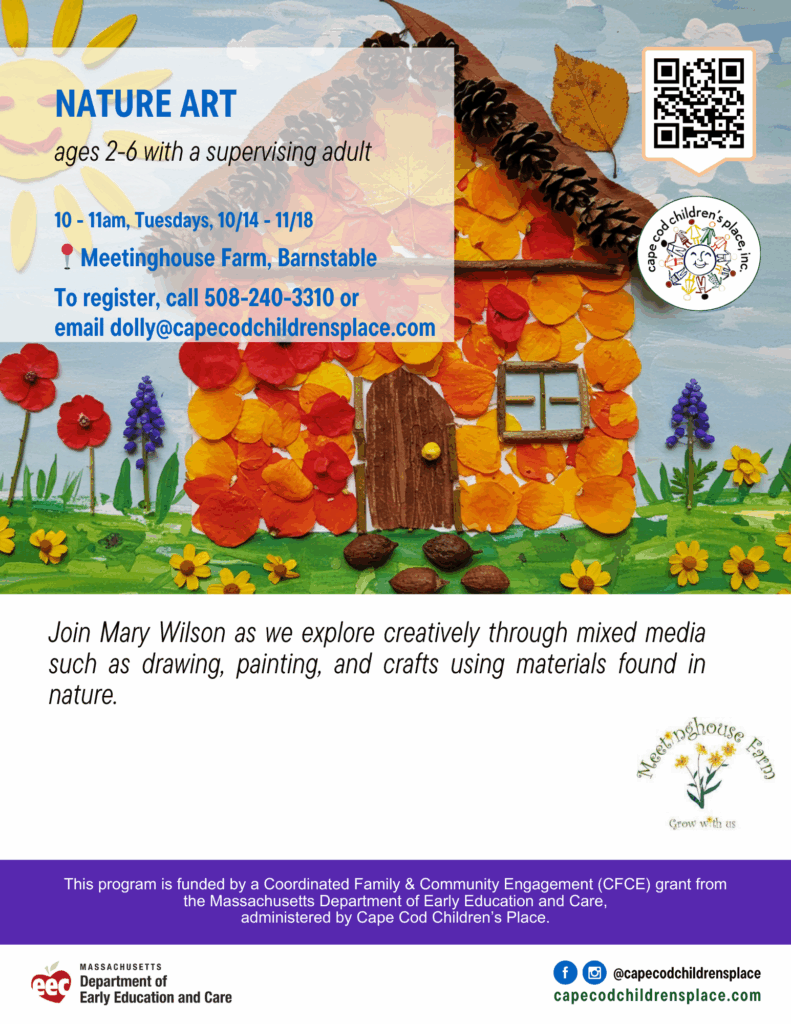 Flyer for Nature Art with Mary Wilson, featuring creative exploration through mixed media such as drawing, painting, and crafts using materials found in nature.