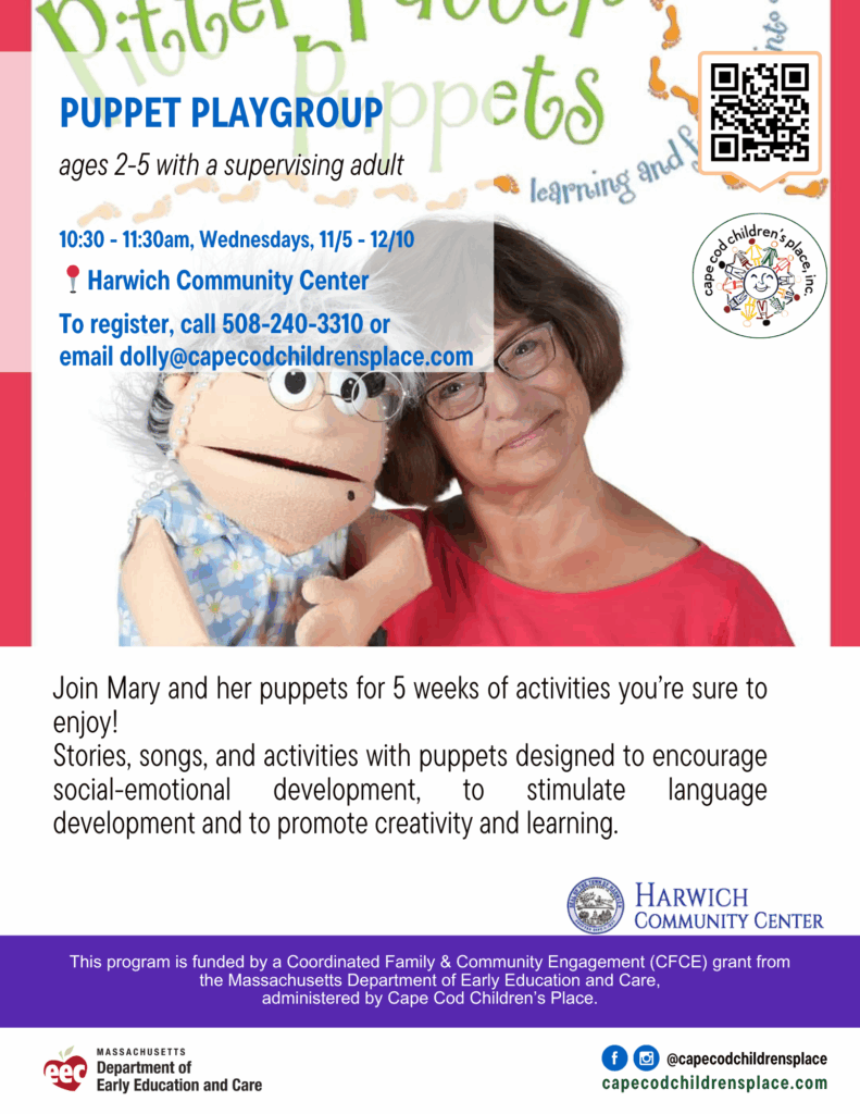 Flyer for Puppet Playgroup with Mary Wilson, featuring 5 weeks of stories, songs, and activities with puppets to encourage social-emotional development and stimulate language skills.