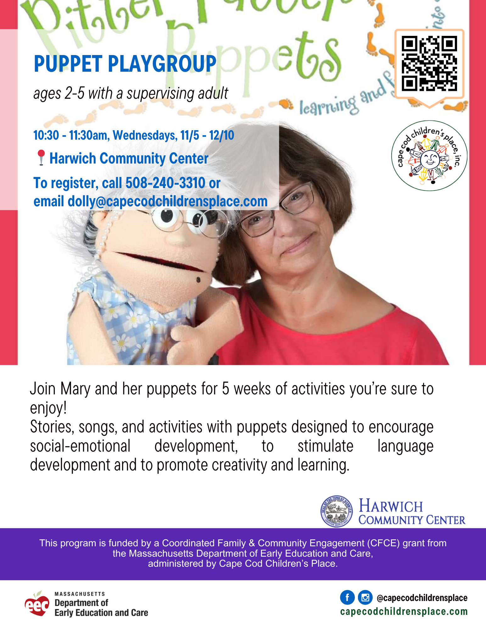 FY26 Q2 Puppet Playgroup Eng Flyer for Puppet Playgroup with Mary Wilson, featuring 5 weeks of stories, songs, and activities with puppets to encourage social-emotional development and stimulate language skills.