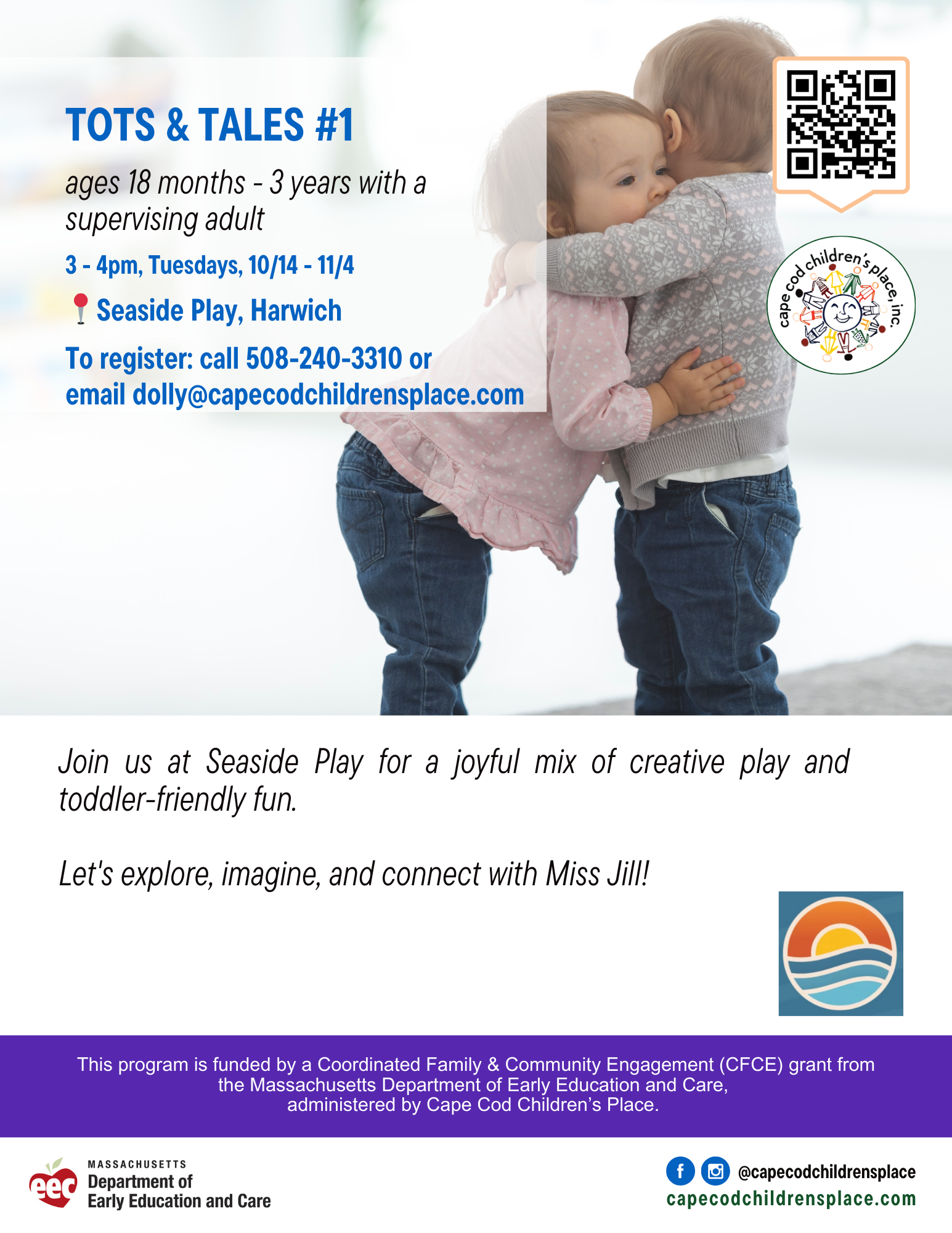 Flyer promoting Seaside Play, a joyful toddler group led by Miss Jill, featuring creative play, exploration, and social connection in a welcoming environment.