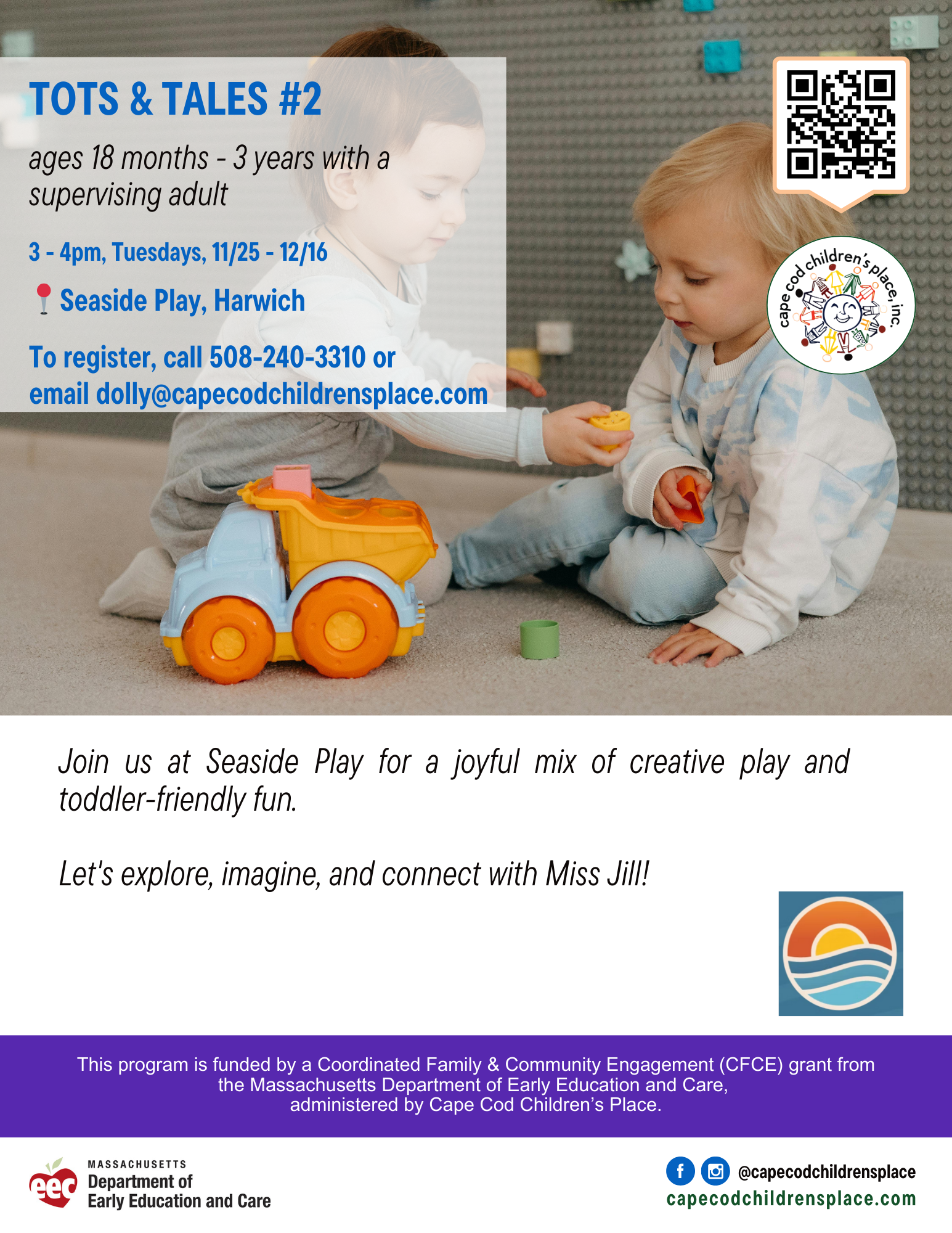 Flyer promoting Seaside Play, a joyful toddler group led by Miss Jill, featuring creative play, exploration, and social connection in a welcoming environment.