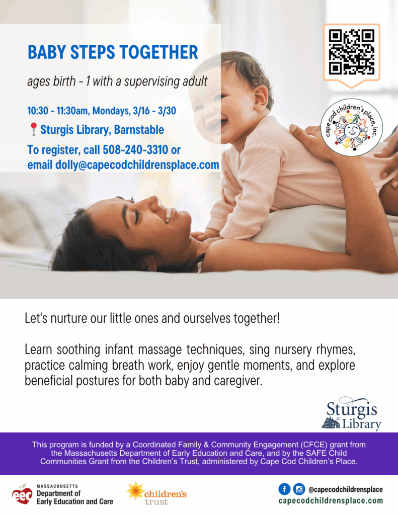 Flyer promoting infant‑caregiver program: soothing infant massage techniques, nursery rhymes, calming breath work, gentle moments, and beneficial postures for baby and caregiver.