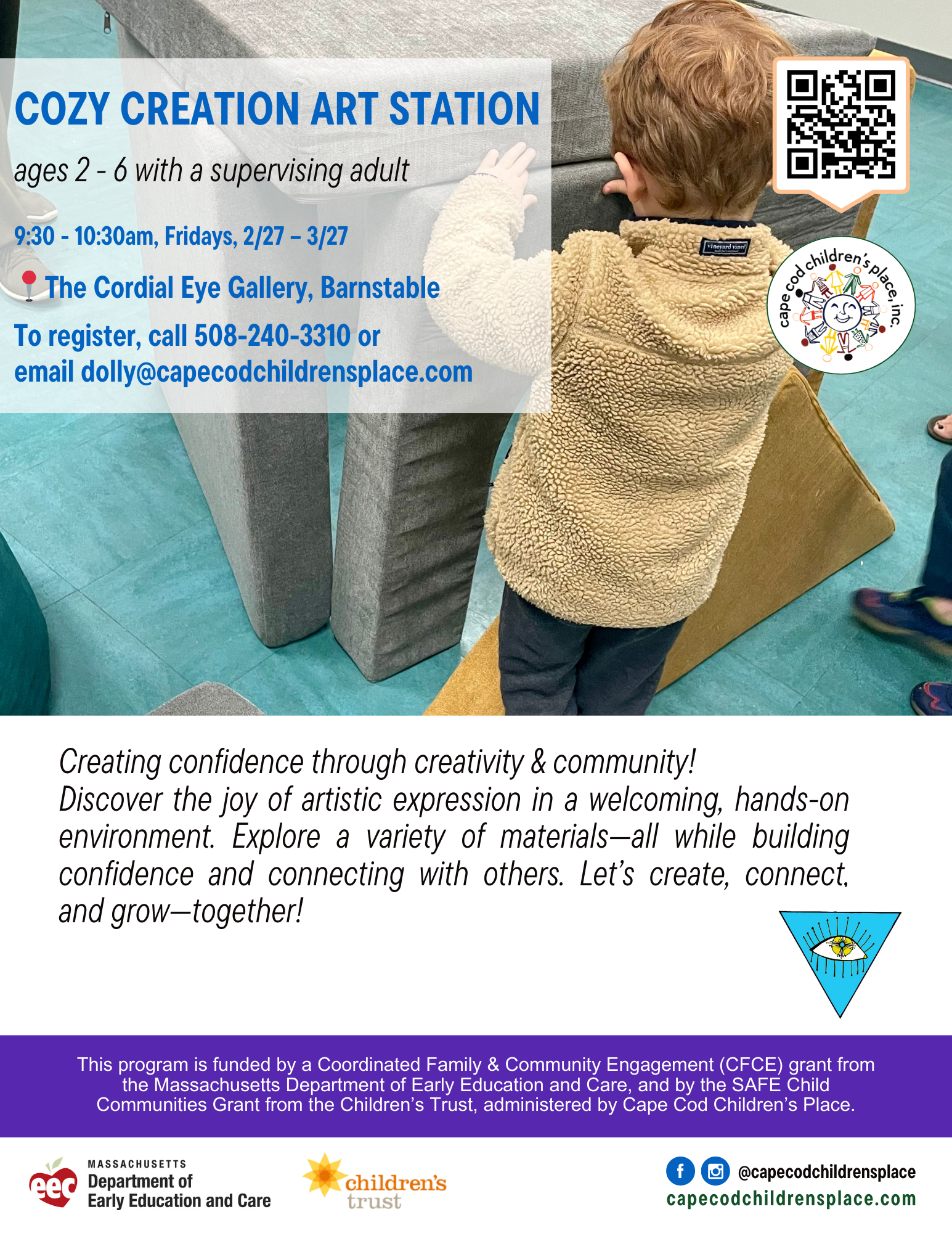 Flyer promoting creative community program: ‘Creating confidence through creativity & community!’ Hands‑on artistic activities with varied materials to build confidence and connection.