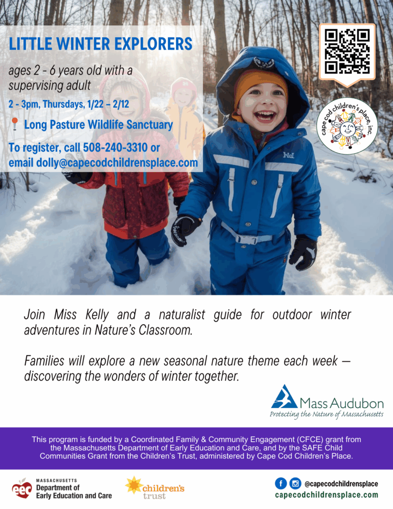 Flyer promoting outdoor winter adventures in Nature’s Classroom with Miss Kelly and a naturalist guide. Families explore a new seasonal nature theme each week.