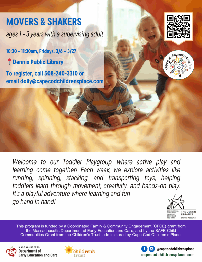 “Flyer promoting Toddler Playgroup: active weekly activities including running, spinning, stacking, and transporting toys. Focus on learning through movement, creativity, and hands‑on play.