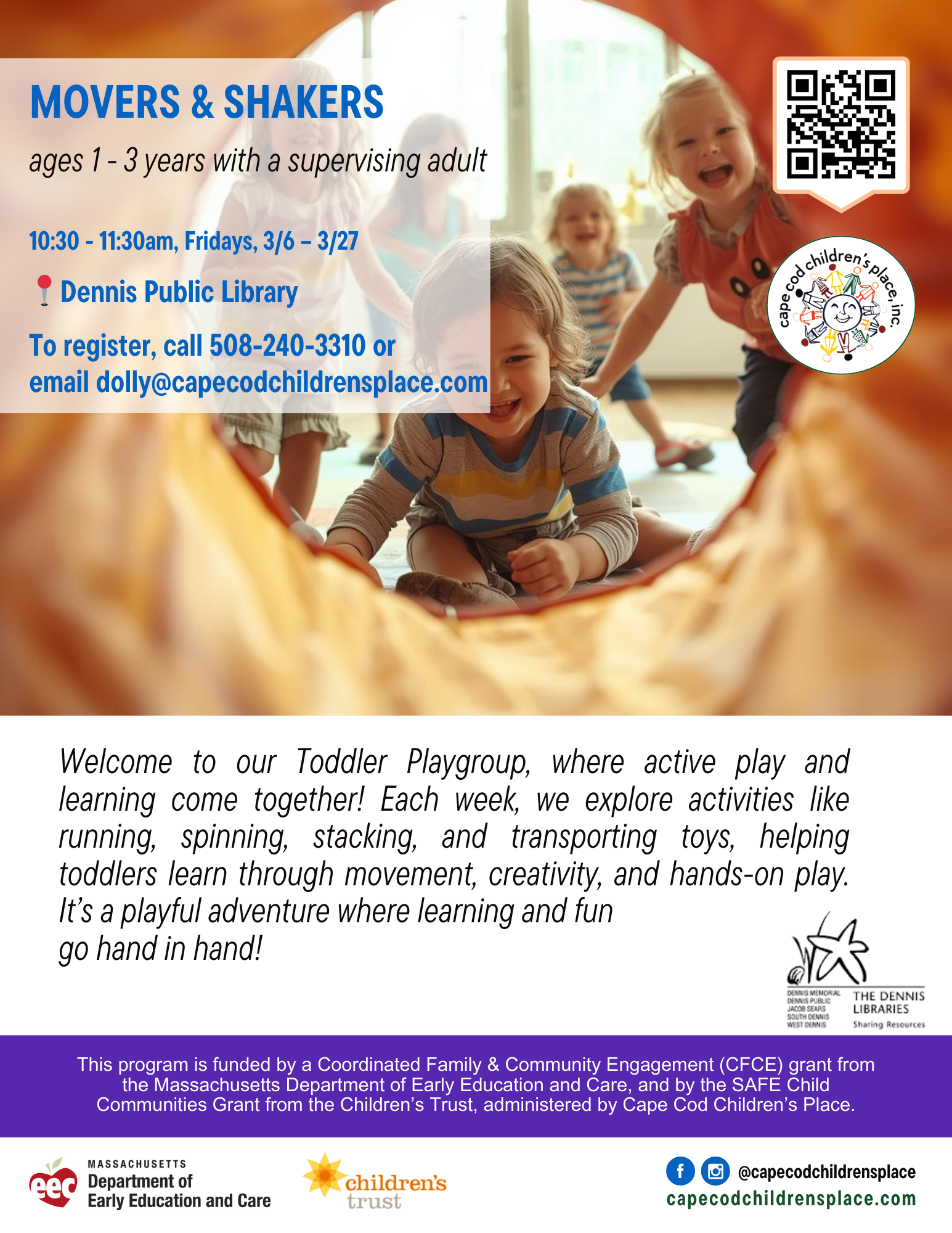 “Flyer promoting Toddler Playgroup: active weekly activities including running, spinning, stacking, and transporting toys. Focus on learning through movement, creativity, and hands‑on play.