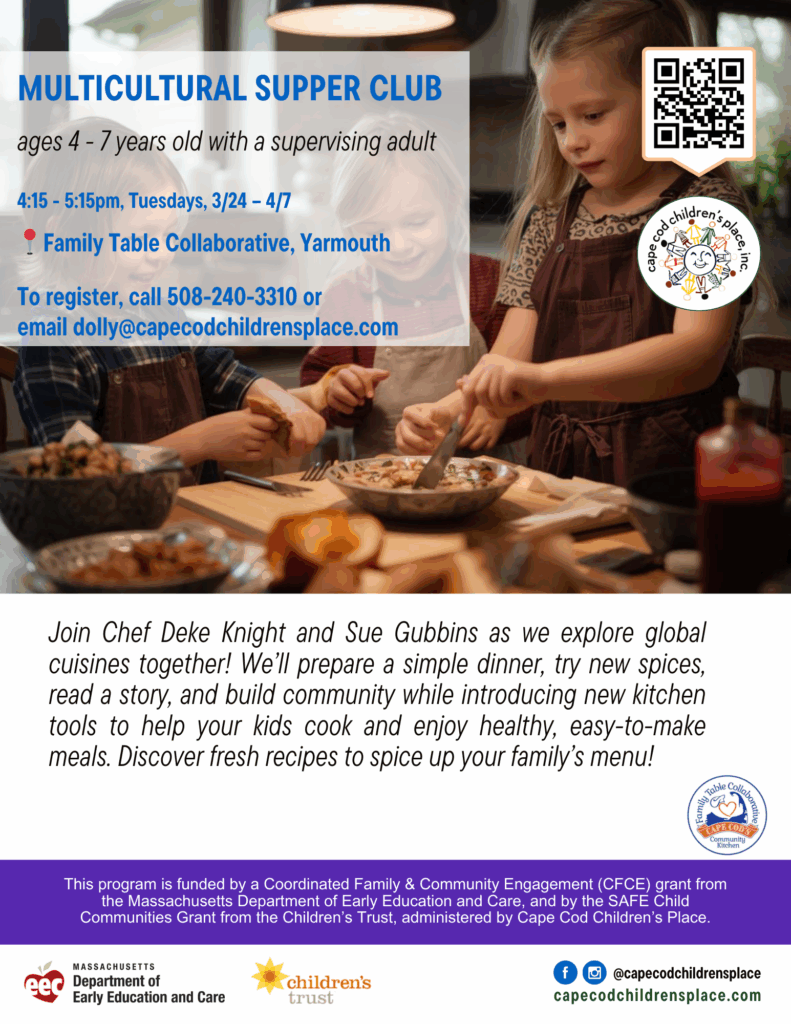 Flyer promoting cooking program with Chef Deke Knight and Sue Gubbins: children and caregivers make simple lunches, explore spices, enjoy a story, and build community while learning healthy, easy‑to‑make meals.