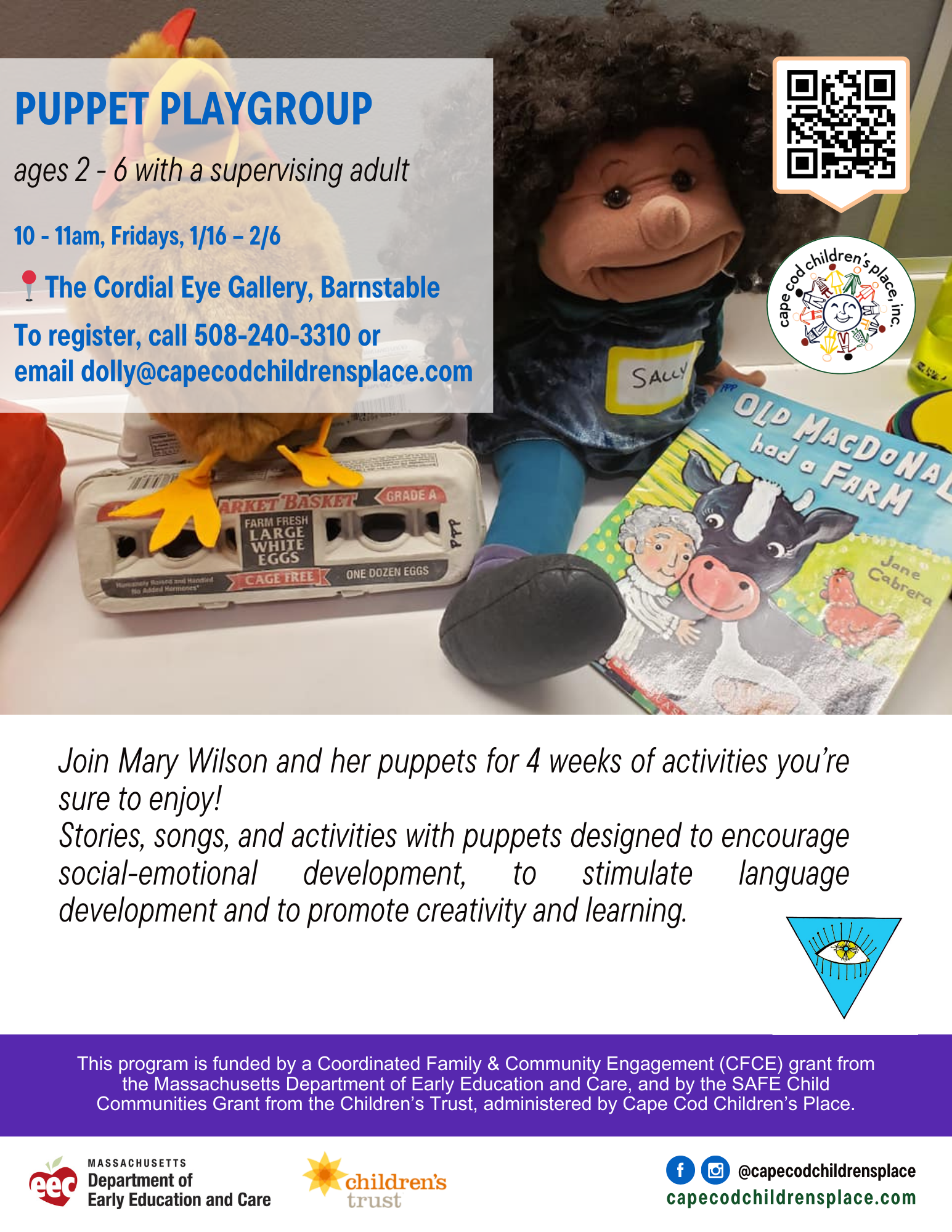 Flyer promoting 4‑week puppet program with Mary Wilson: stories, songs, and activities designed to encourage social‑emotional growth, language development, and creativity.