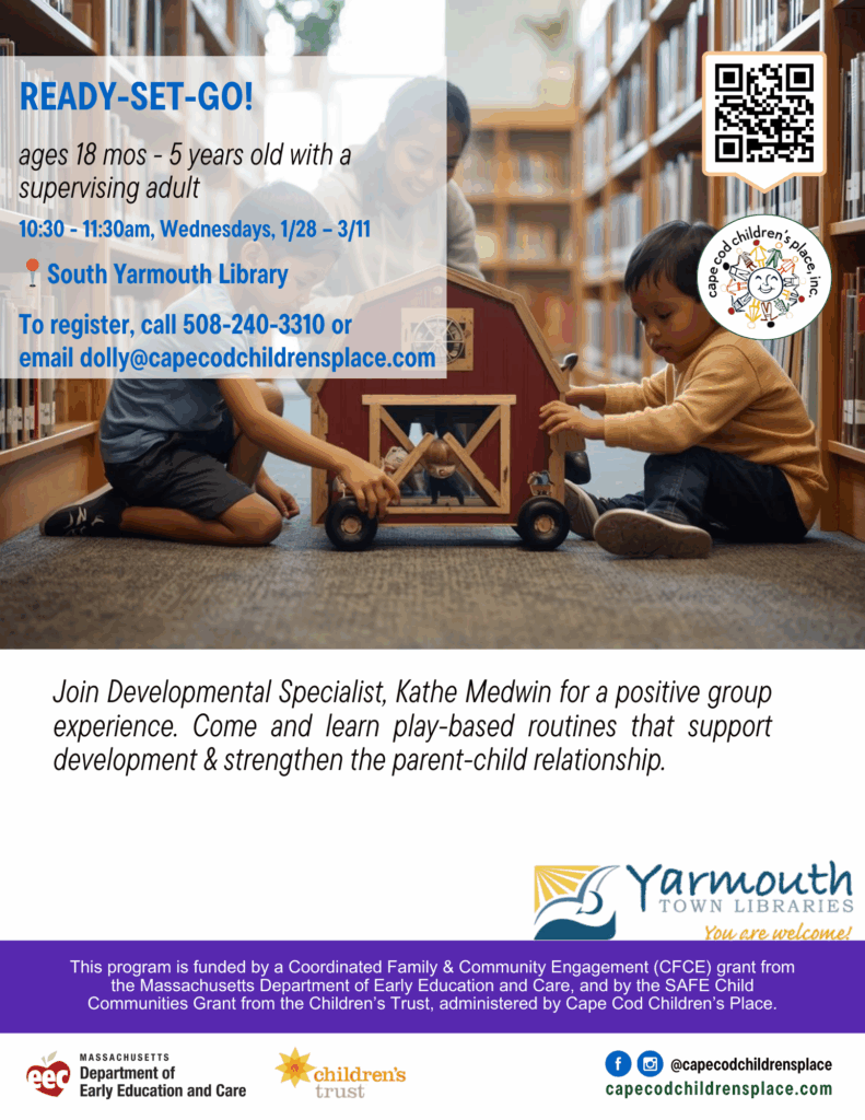 Flyer promoting group with developmental specialist Kathe Medwin: positive play‑based routines to support child development and strengthen parent‑child relationships.