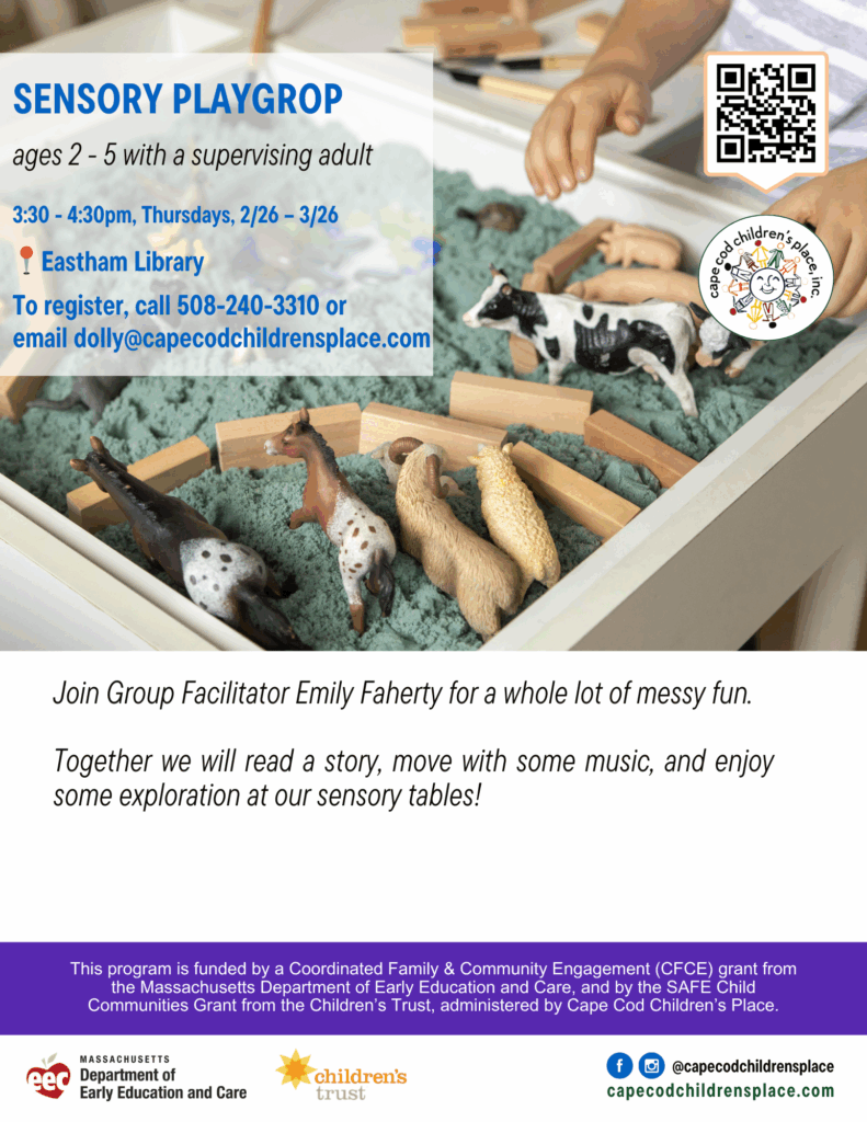 Flyer promoting playgroup with facilitator Emily Faherty: story reading, music movement, and sensory table exploration for children.