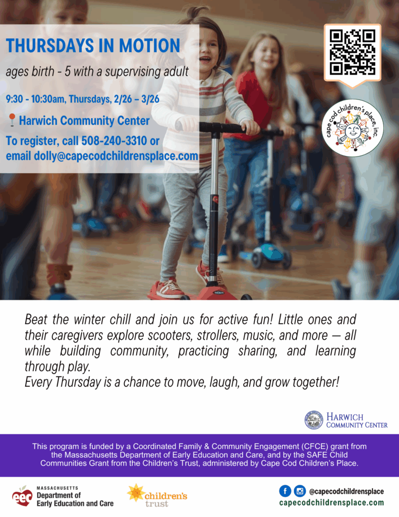 Flyer promoting weekly Thursday playgroup: ‘Beat the winter chill and join us for active fun!’ Activities include scooters, strollers, music, and community play.