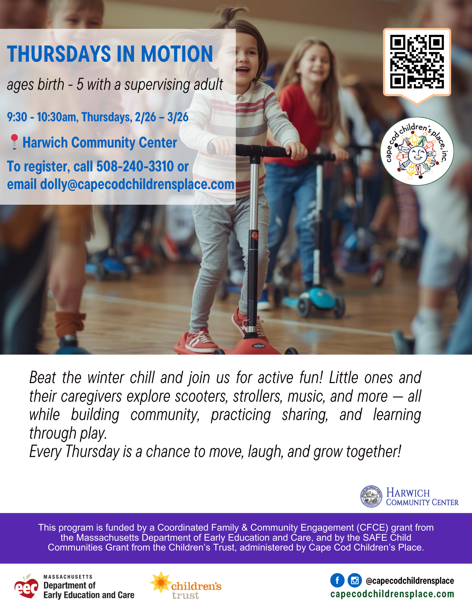 Flyer promoting weekly Thursday playgroup: ‘Beat the winter chill and join us for active fun!’ Activities include scooters, strollers, music, and community play.