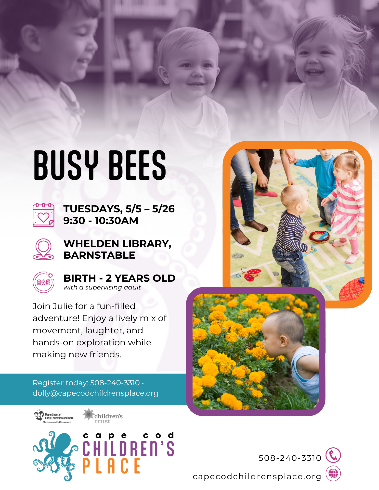 Flyer promoting program with Julie: lively mix of movement, laughter, and hands‑on exploration. Includes cozy Story Time to spark imagination, learning, and new friendships.