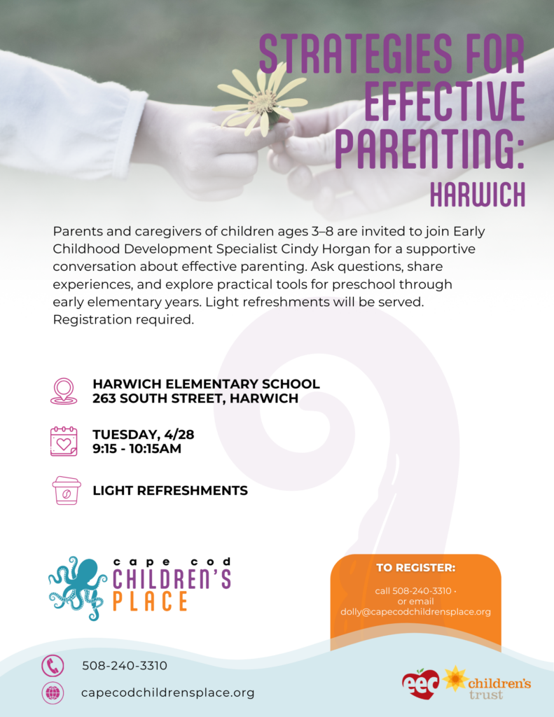 Flyer for "Strategies for Effective Parenting," a workshop for parents and caregivers of children ages 3-8 with Cindy Horgan.